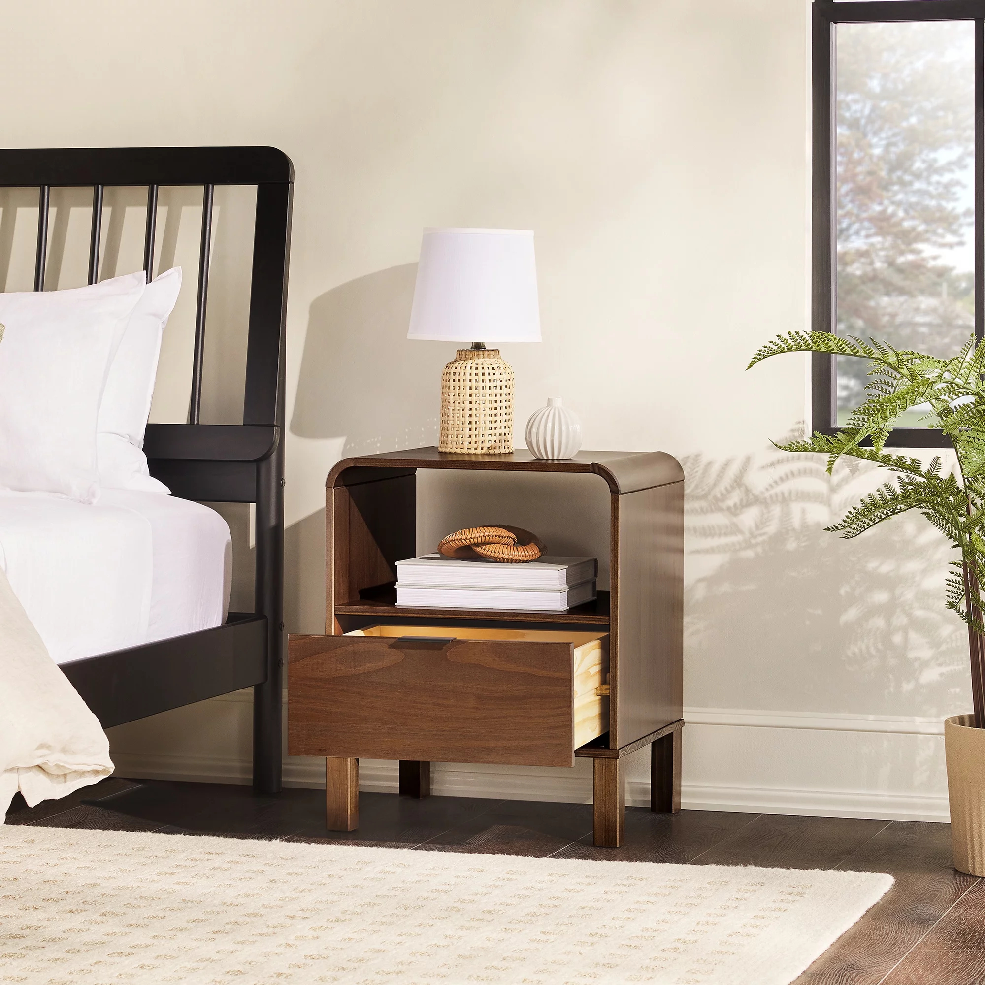Walker Edison Modern Curved-Frame Solid Wood Nightstand, Brown - Womvr