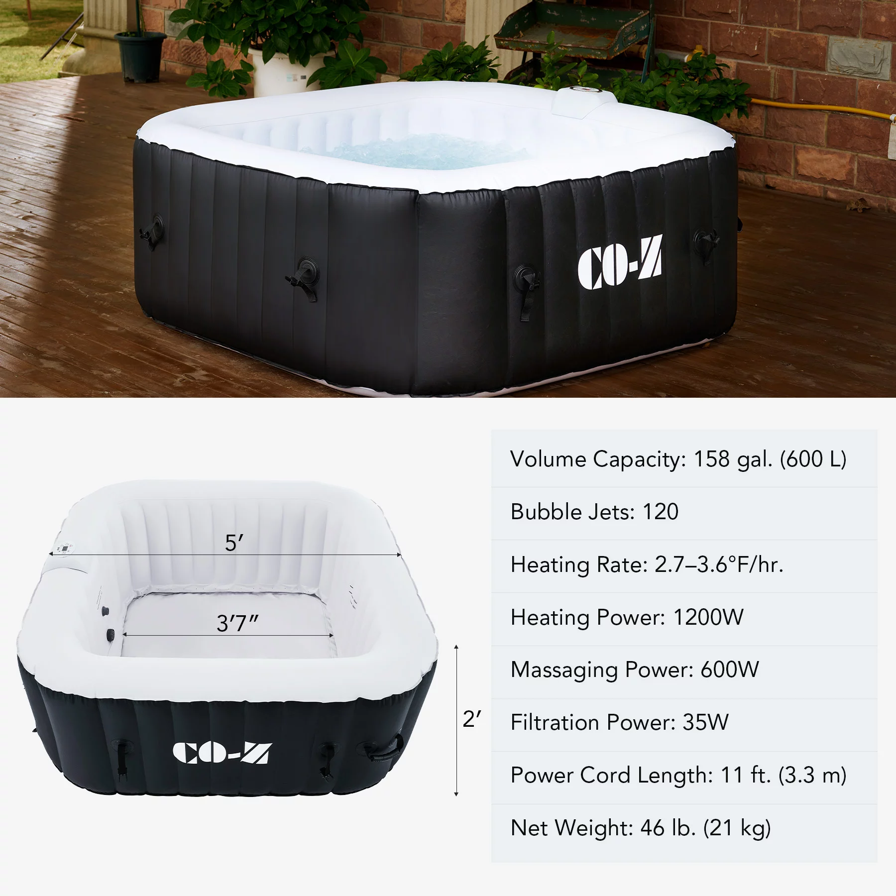 CO-Z 4-6 Person 7' Blow-Up Hot Tub with 130 Air Jets Cover Electric Pump Portable Pool, Gray - Womvr