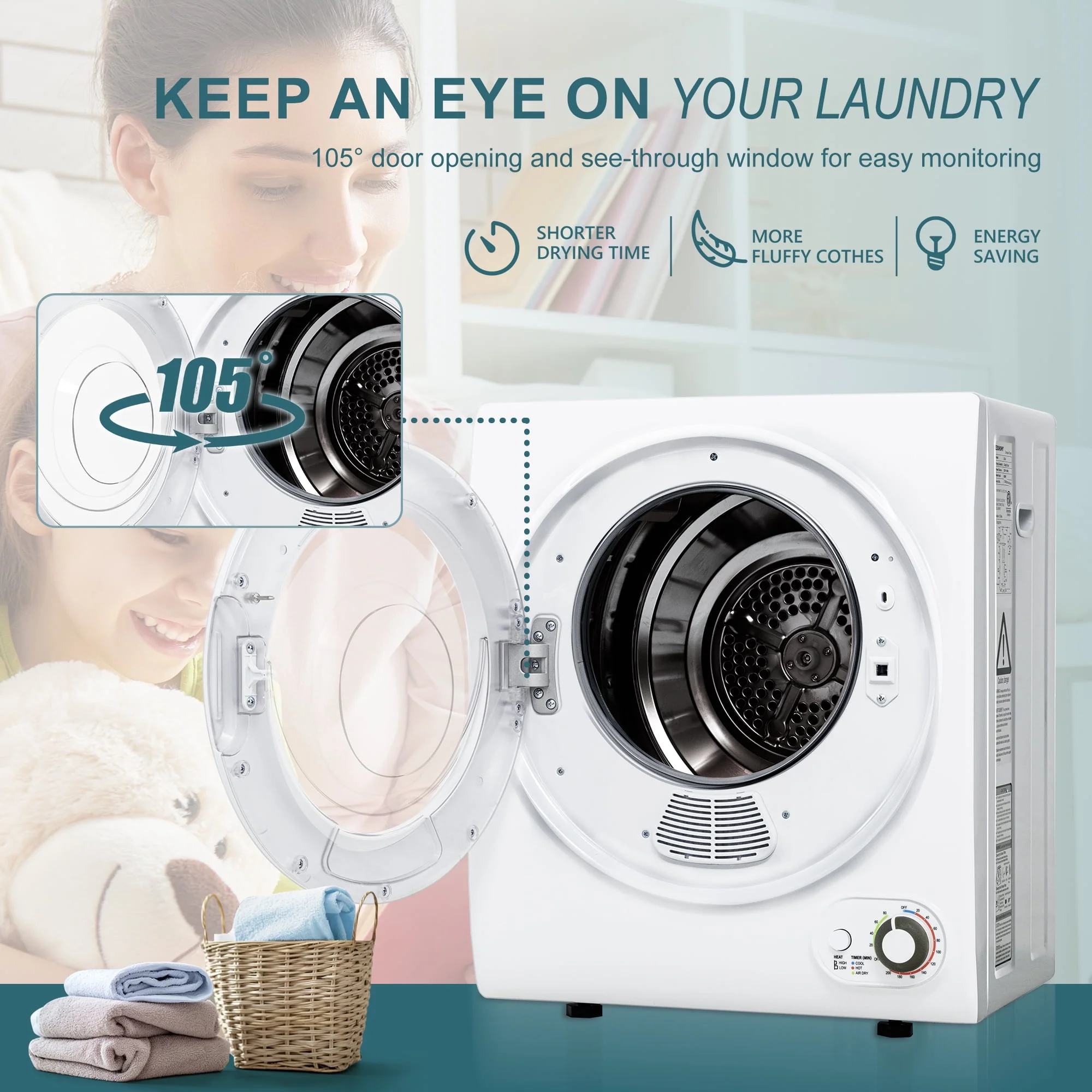 Simzlife 1.6 Cu. ft. Portable Clothes Dryer, Electric Laundry Dryer Machine, 19.5 in W, 23.6 in H - Womvr