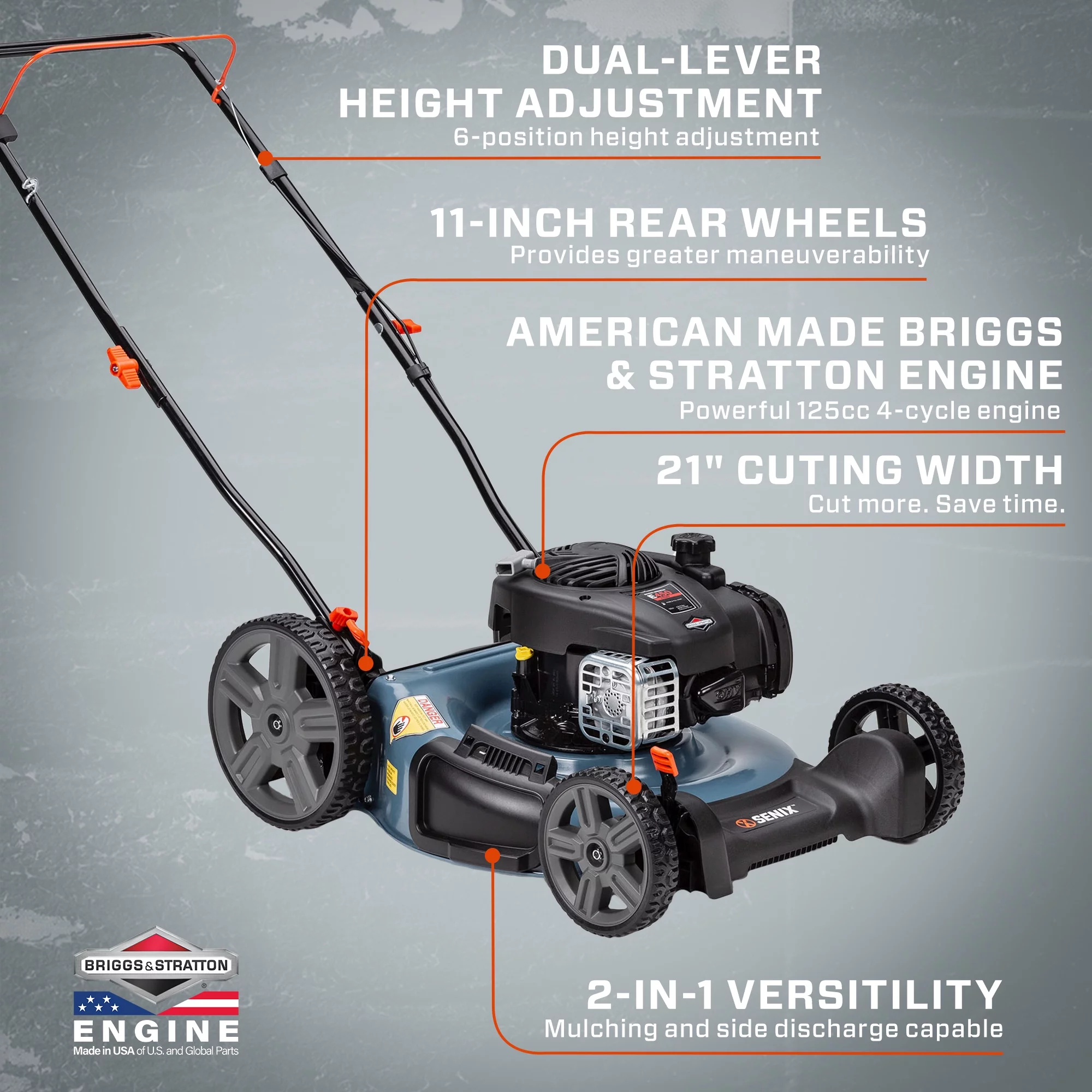 SENIX 21-Inch Gas Lawn Mower, 125 cc 4-Cycle Briggs & Stratton Engine, 2-In-1 Push Lawnmower, 6-Position Height Adjustment with 11-Inch Rear Wheels, LSPG-M4 - Womvr