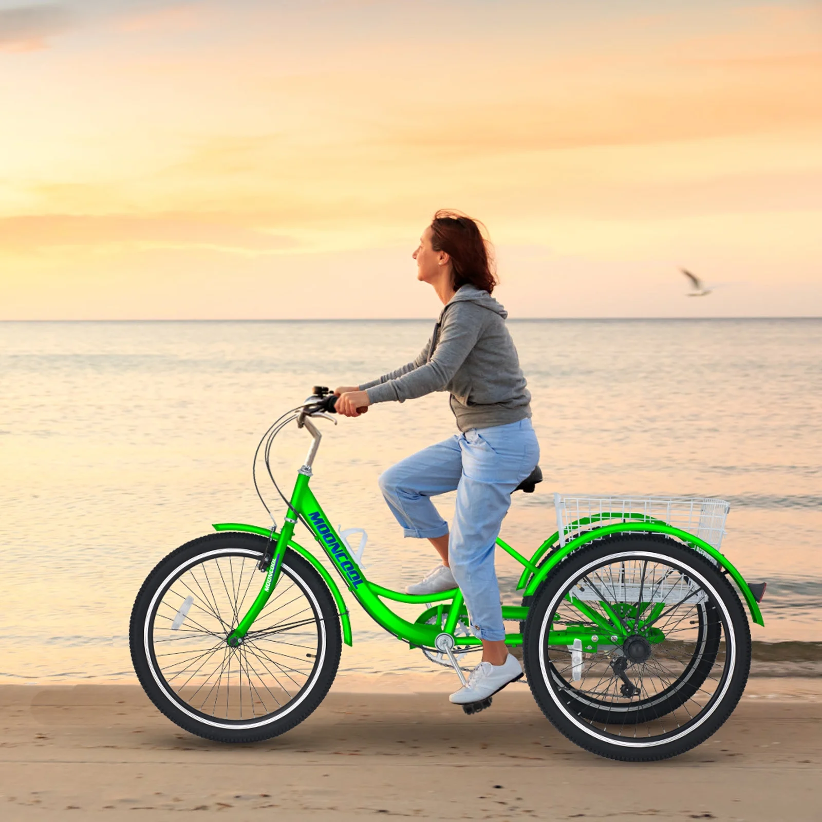 MOPHOTO Adult Tricycle for Seniors (Cyan, 26inch /7-Speed), Low Frame Three Wheel Bikes with Large Basket & Bell, 3 Wheel Cargo Bicycle, Safe and Durable Trike - Womvr