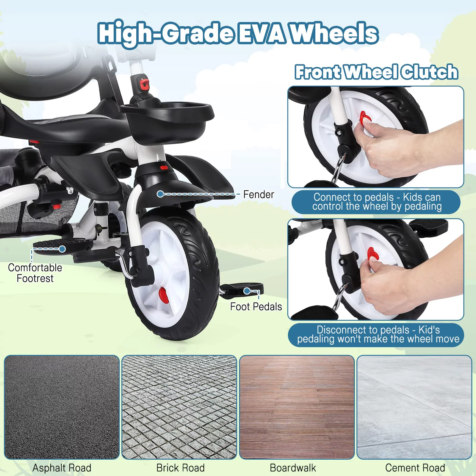 Baby Tricycle 7 in 1,Folding Toddler Trike W/Adjustable Removable Push Handle,Safety Harness,Brake ,Rotatable Seat, Adjustable Canopy, Storage, Cup Holder,Tricycle for 1-5 Year Old Toddlers (Gray) - Womvr