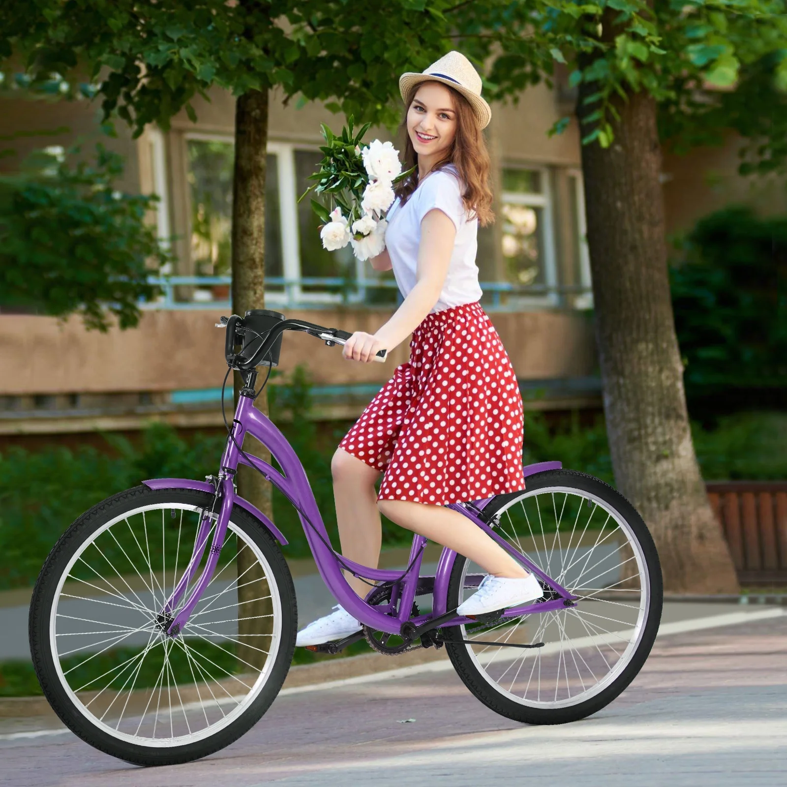 FIXTECH 7 Speed Foldable Comfort Cruiser Bike, 26 inch with Basket for Women and Girls, White - Womvr