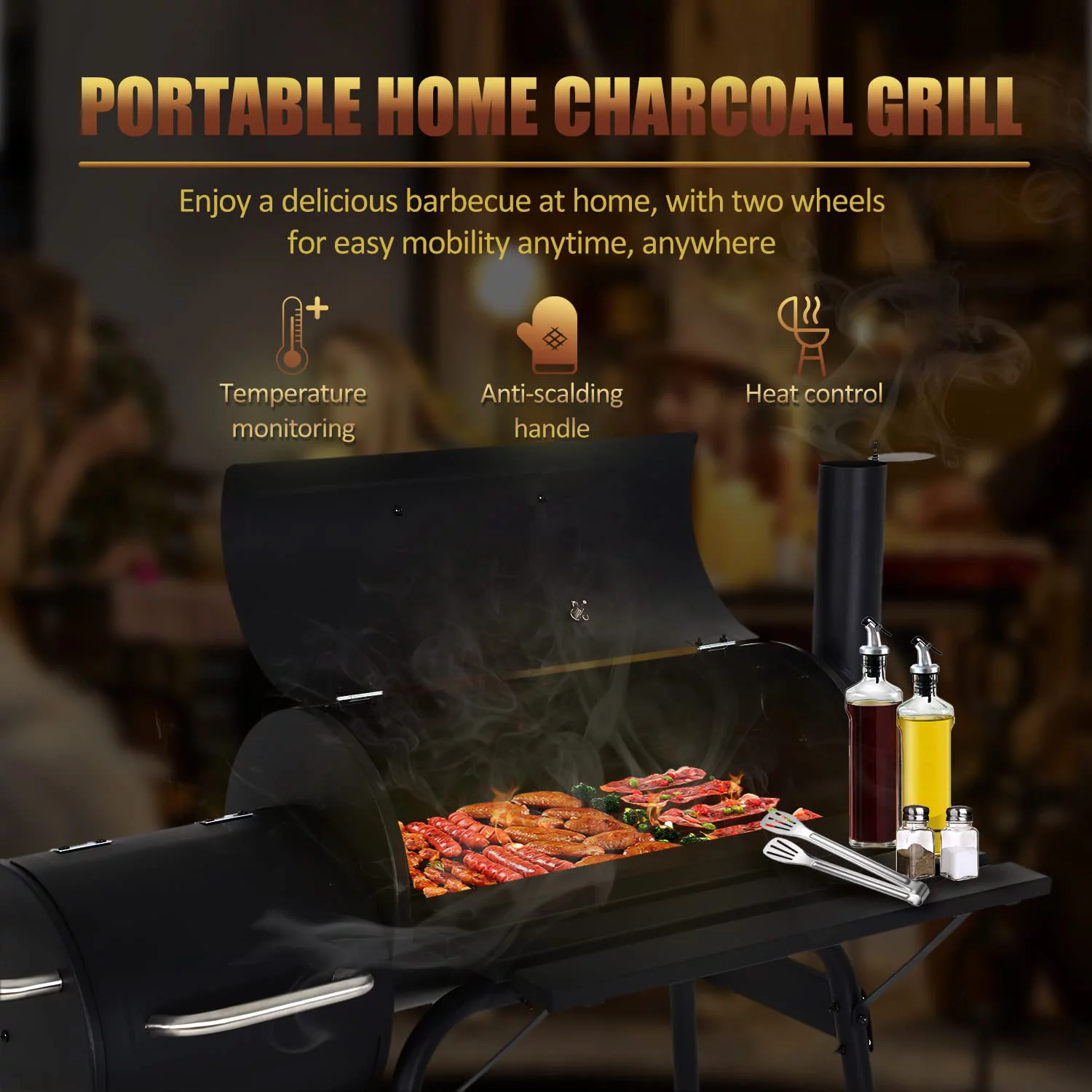 Dkelincs 43'' Charcoal Grill with Wheels and Side Fire Box -BBQ Grill Perfect for Camping, Outdoor Party and Picnics Portable Barbecue Grill for 6-10 People - Womvr