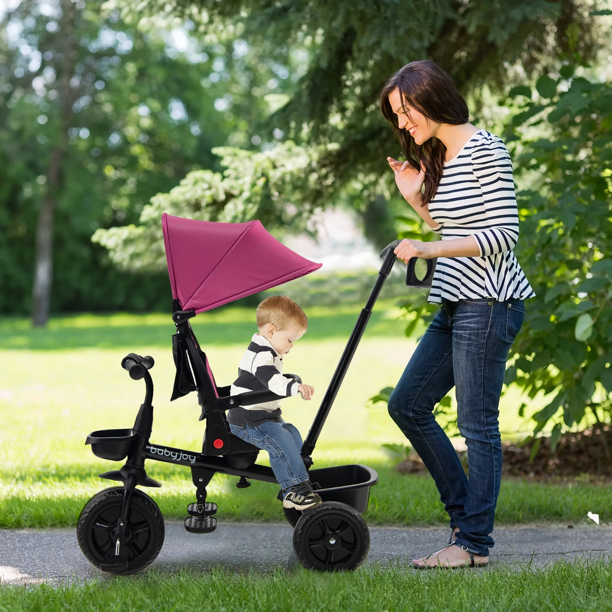 Babyjoy 4-in-1 Toddler Tricycle Reversible Baby Trike W/ Height Adjustable Push Handle - Womvr