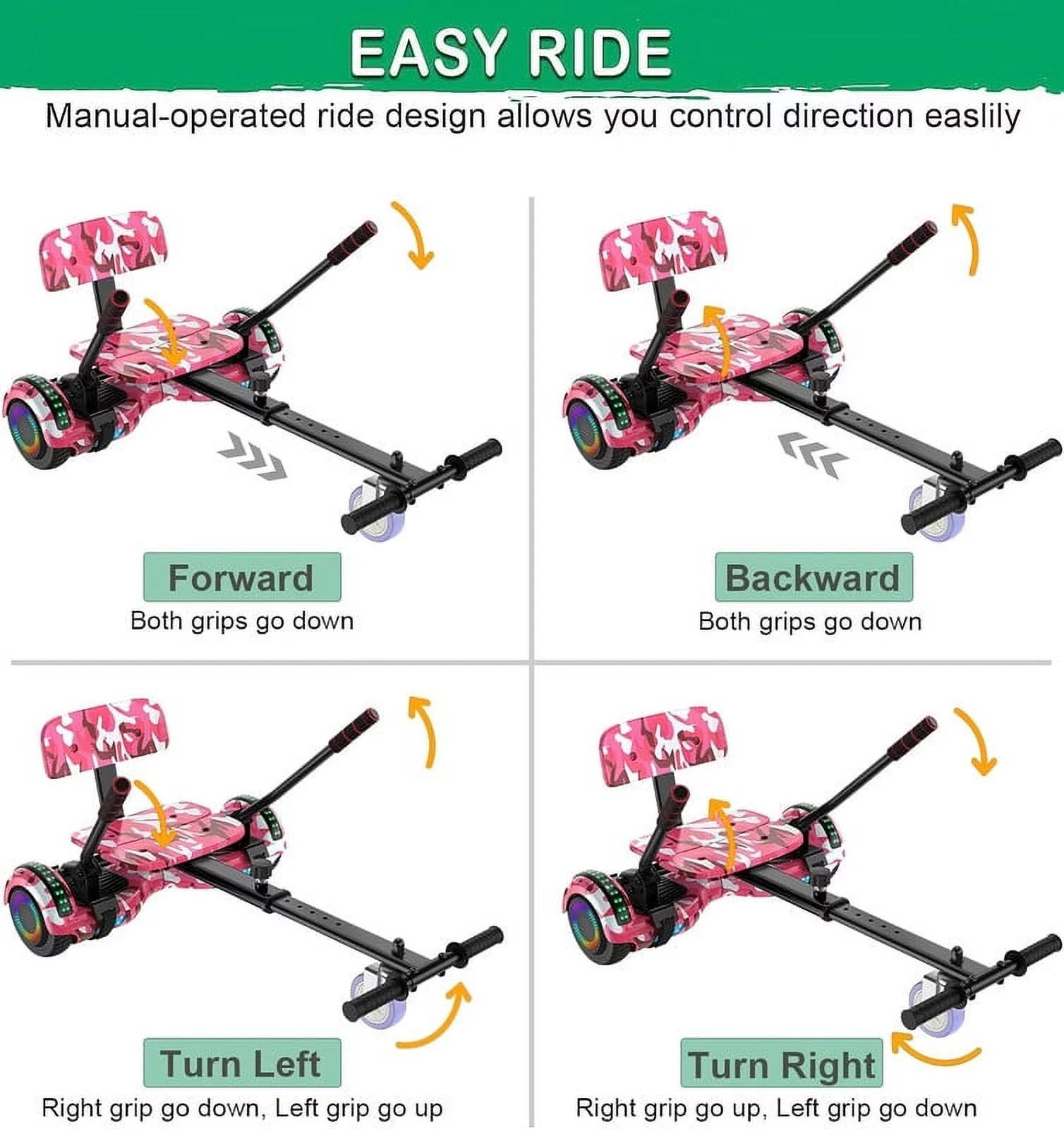 SISIGAD Hoverboard with Seat, 6.5 inch Hoverboard Go Kart Combo with Bluetooth Speaker & LED Lights for Kids Adults - Womvr