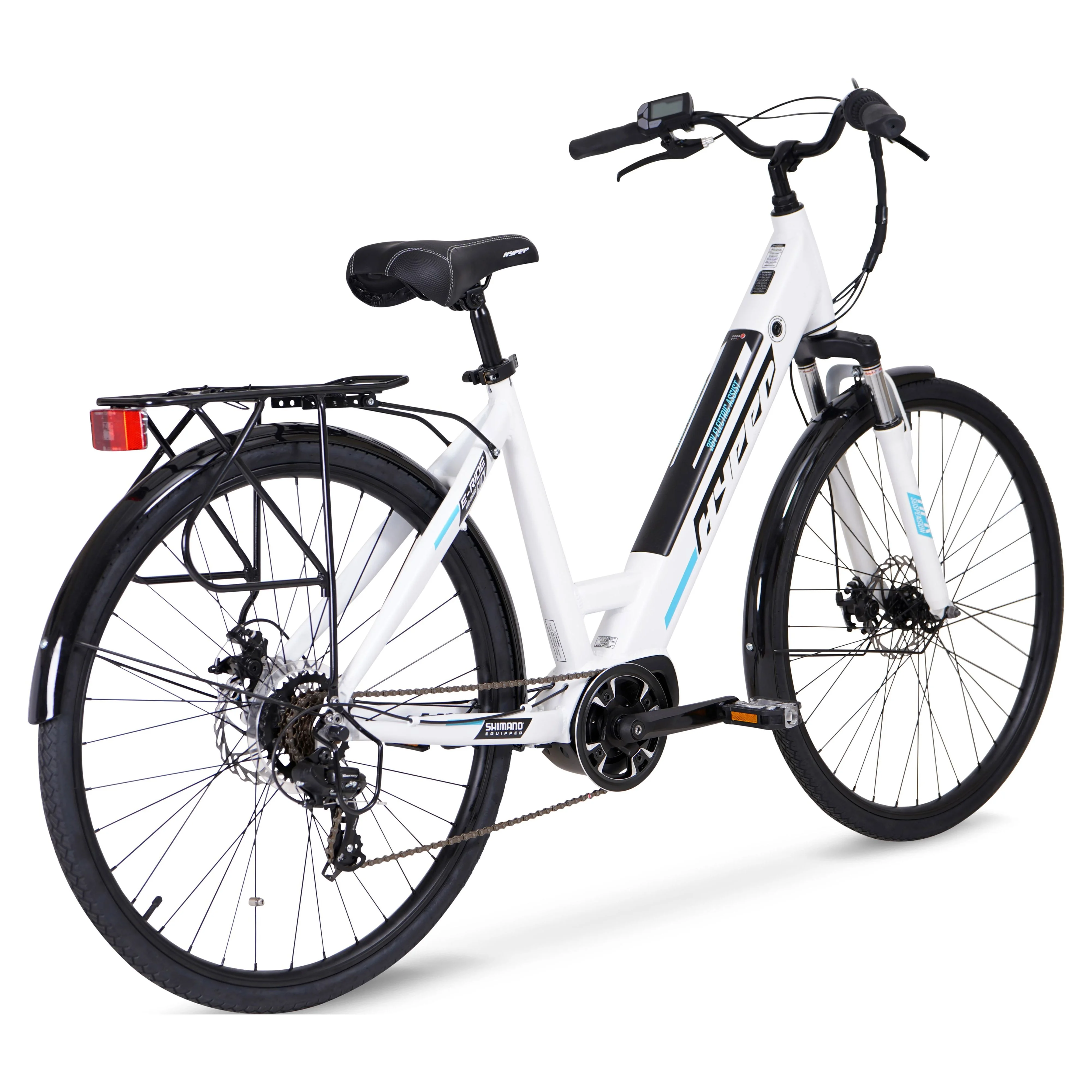 Hyper Bicycles 36V 700C Commuter Electric Bike for Adults, Pedal-Assist, 250W Mid-Drive E-Bike Motor, Matte White - Womvr