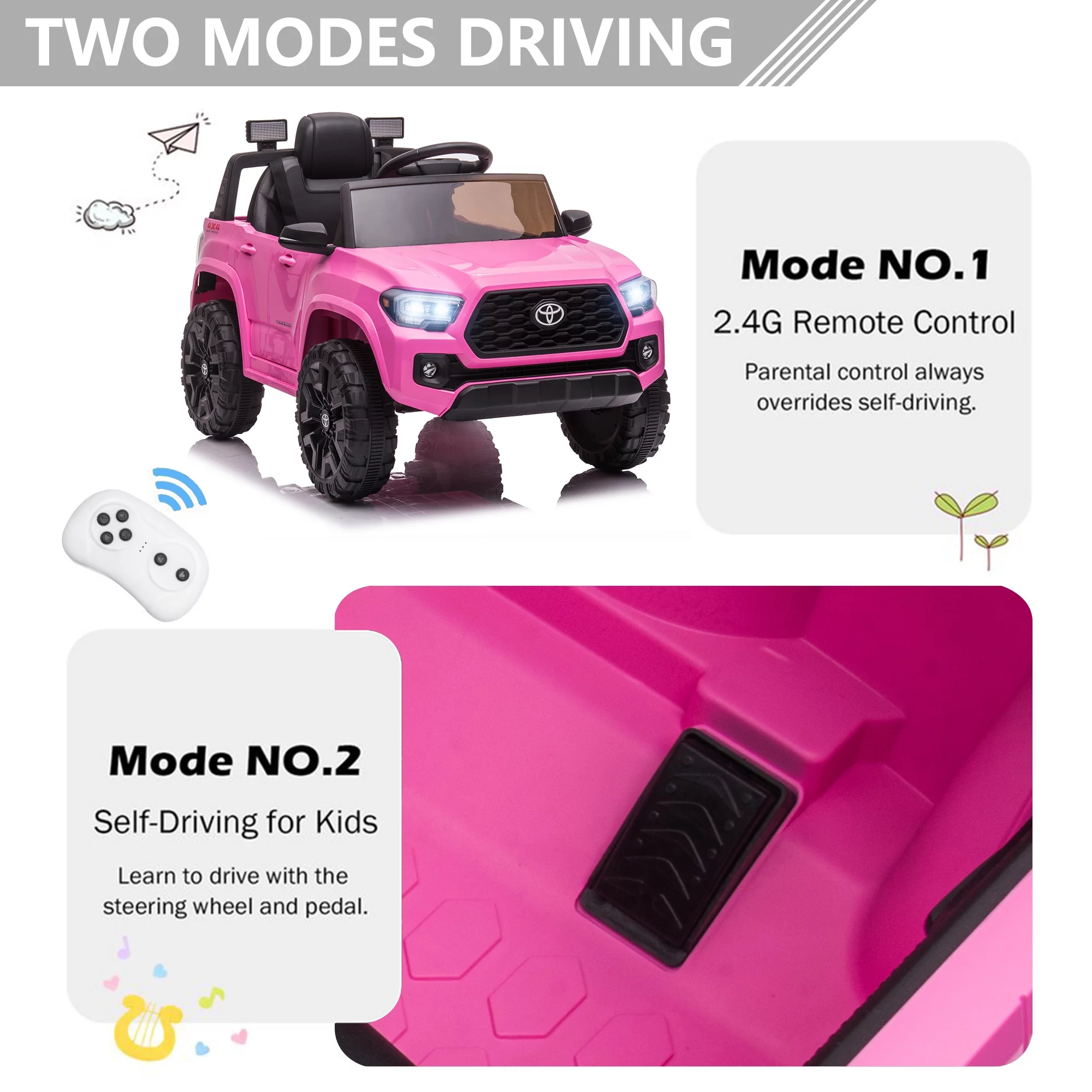 Licensed Toyota Tacoma Electric Ride on Vehicle for Kids, 12V Powered Ride on Car Toys with Remote Control, LED Lights, MP3 Player, Gray - Womvr