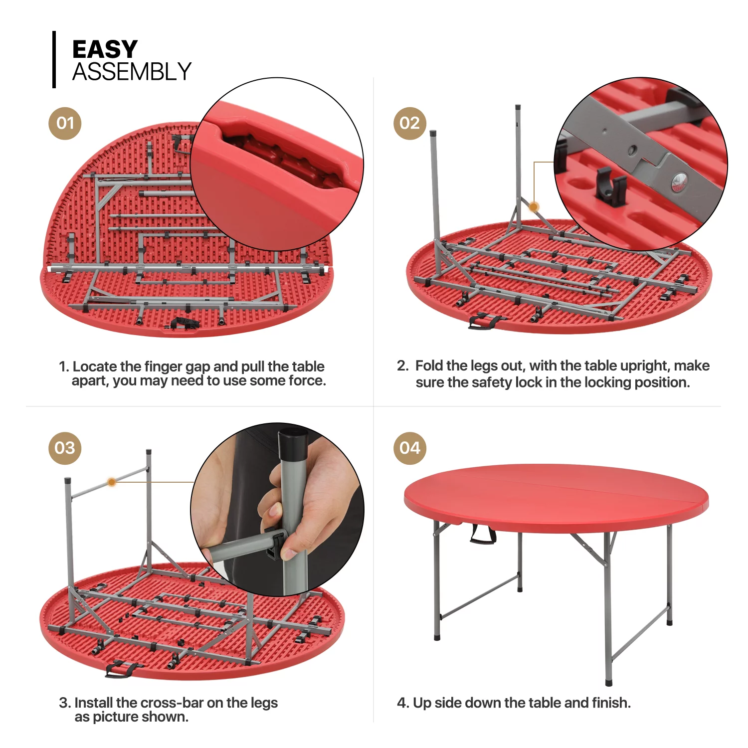 MoNiBloom 5 foot Round Bi-Fold Plastic Table, Metal Frame Indoor Outdoor 60 Inch Foldable Desk for Kitchen Party Wedding, Grey - Womvr