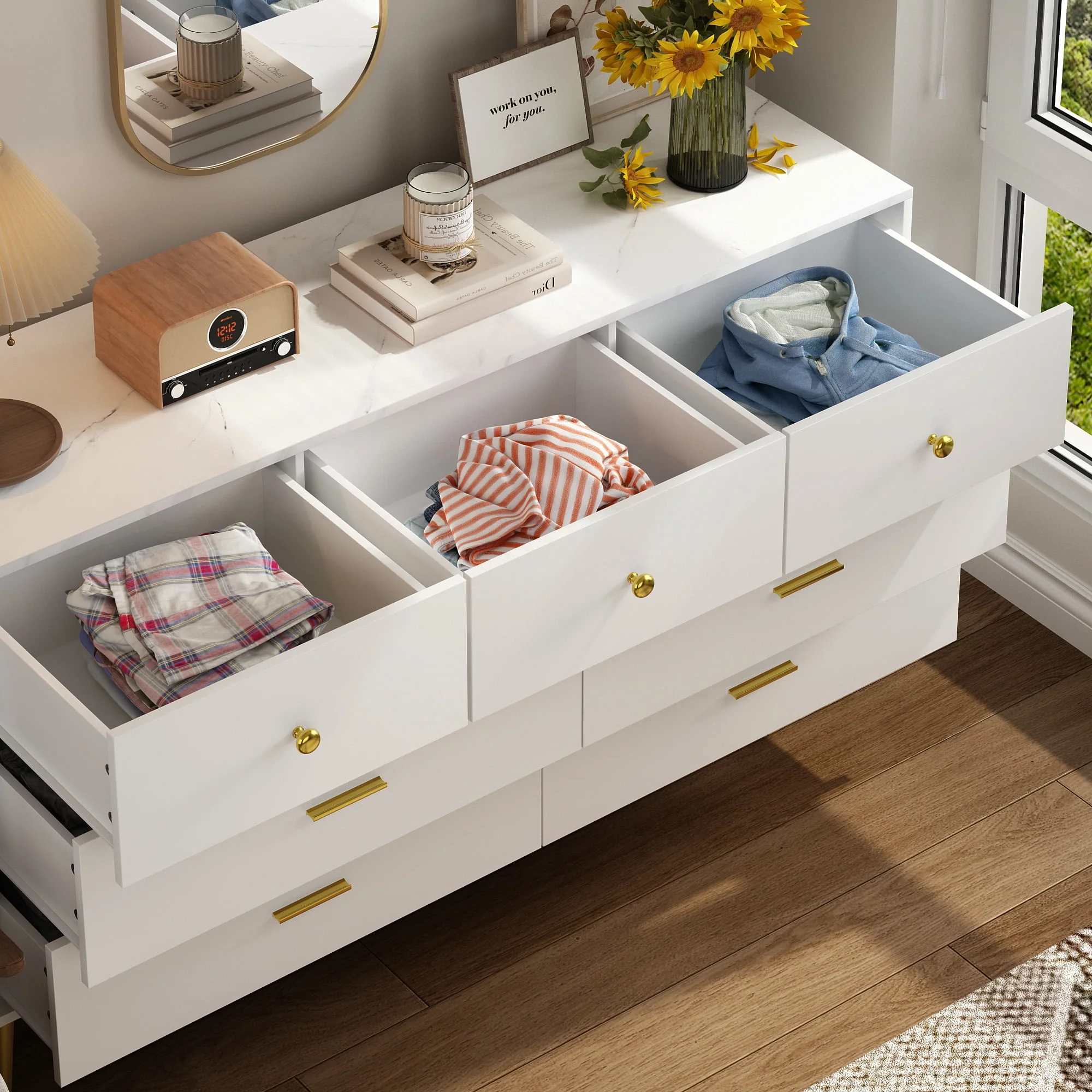 6 Drawer Dresser, Mid-Century Modern Chest Of Drawers, Double Dresser Storage Cabinet For Bedroom Living Room Hallway(White-6 Drawers) - Womvr