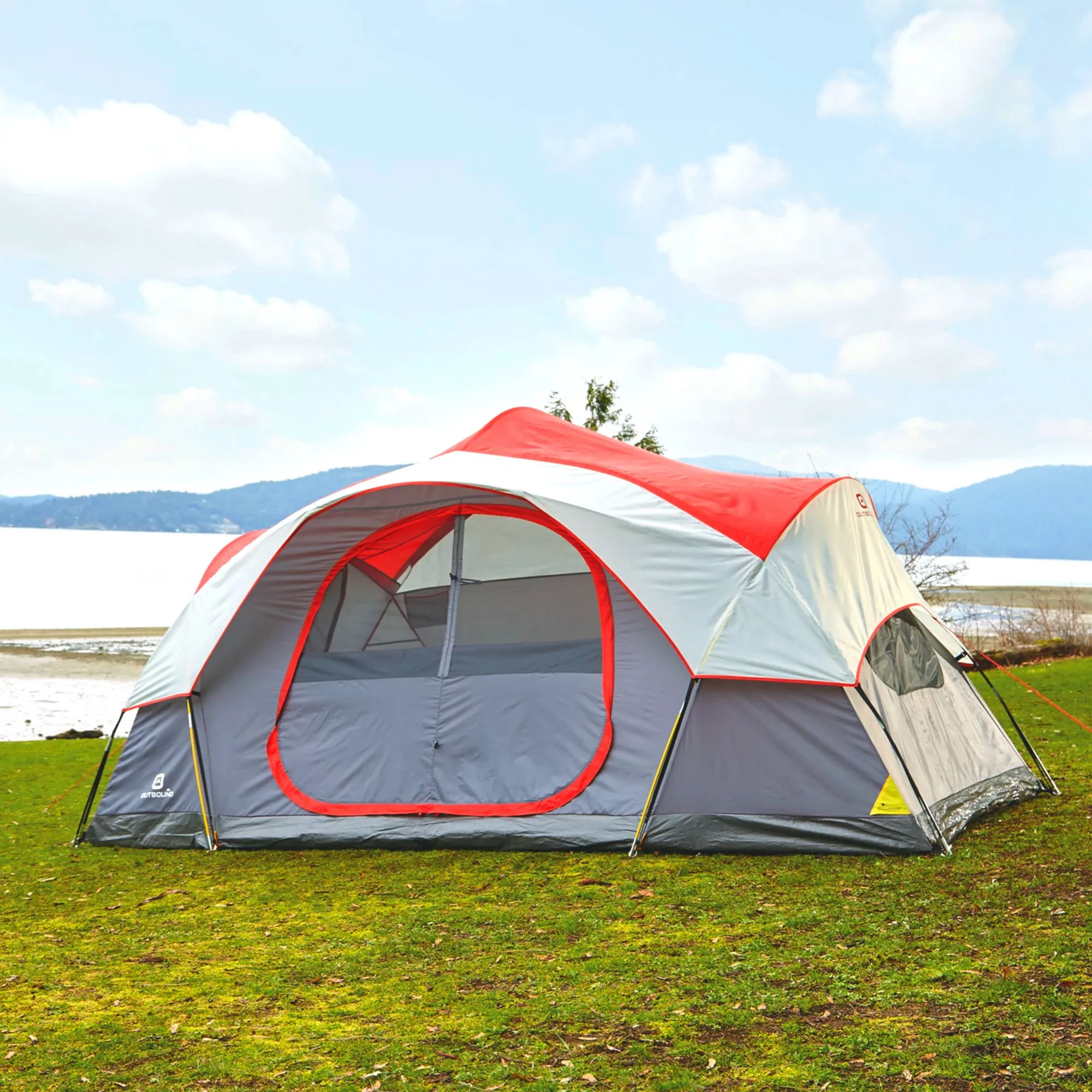 Outbound 8 Person 3 Season Easy Up Dome Tent with Room Divider and Rainfly, Red - Womvr