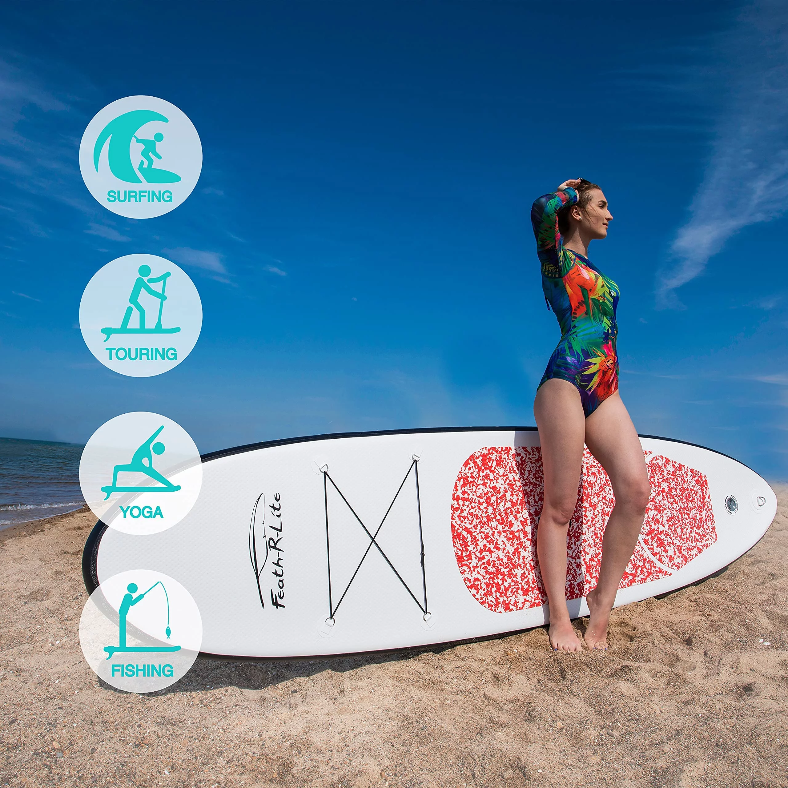 Feath-R-lite Inflatable Stand Up Paddle Board, SUP Red Camo Pattern Paddle Board 10'x30''x6'' (LxWxH),Adjustable Aluminum Paddle and Grey Back Hand Pump,Fins, Unisex - Womvr