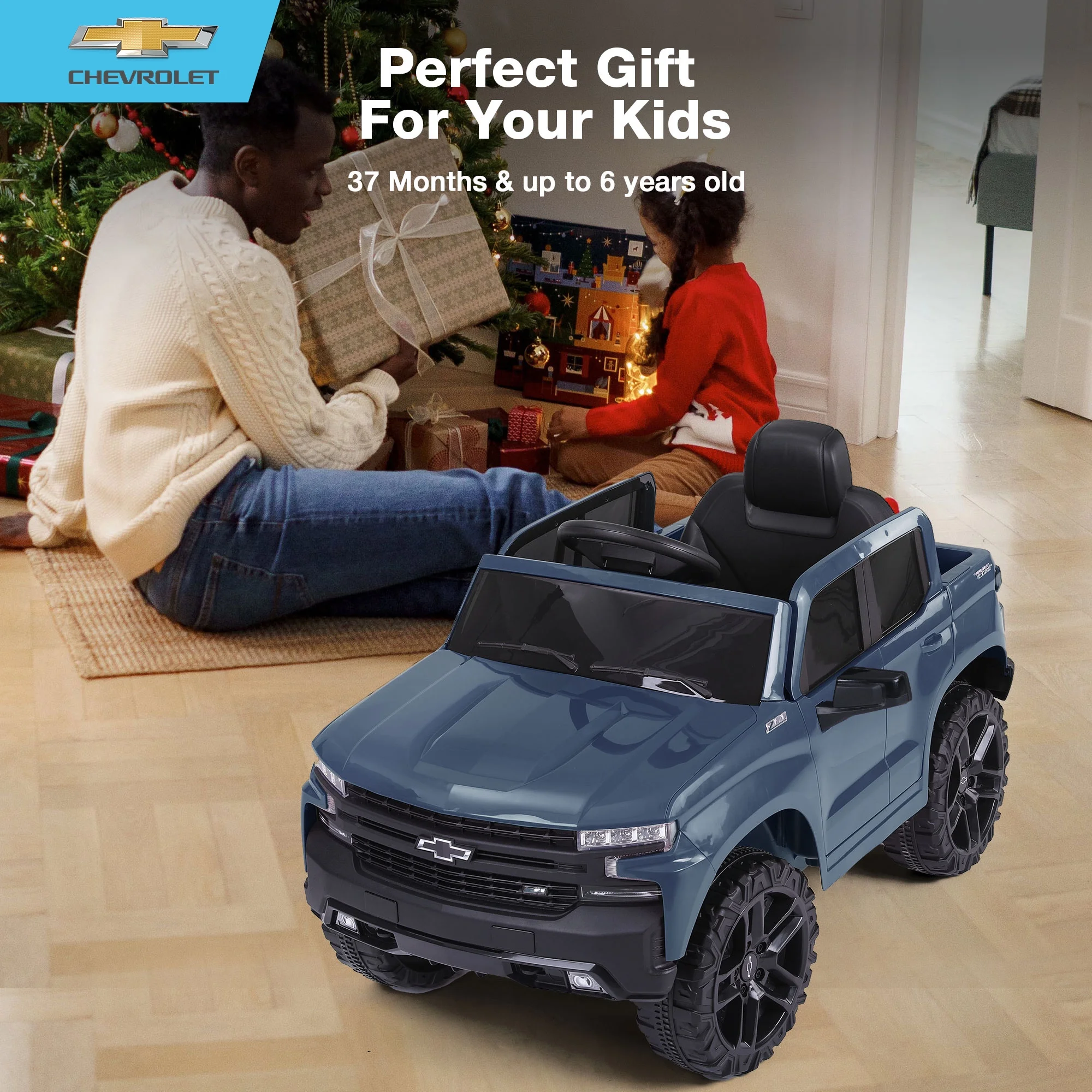 FUNTOK Licensed Chevrolet Silverado 12V Kids Electric Powered Ride on Toy Car with Remote Control & Music Player, Black - Womvr