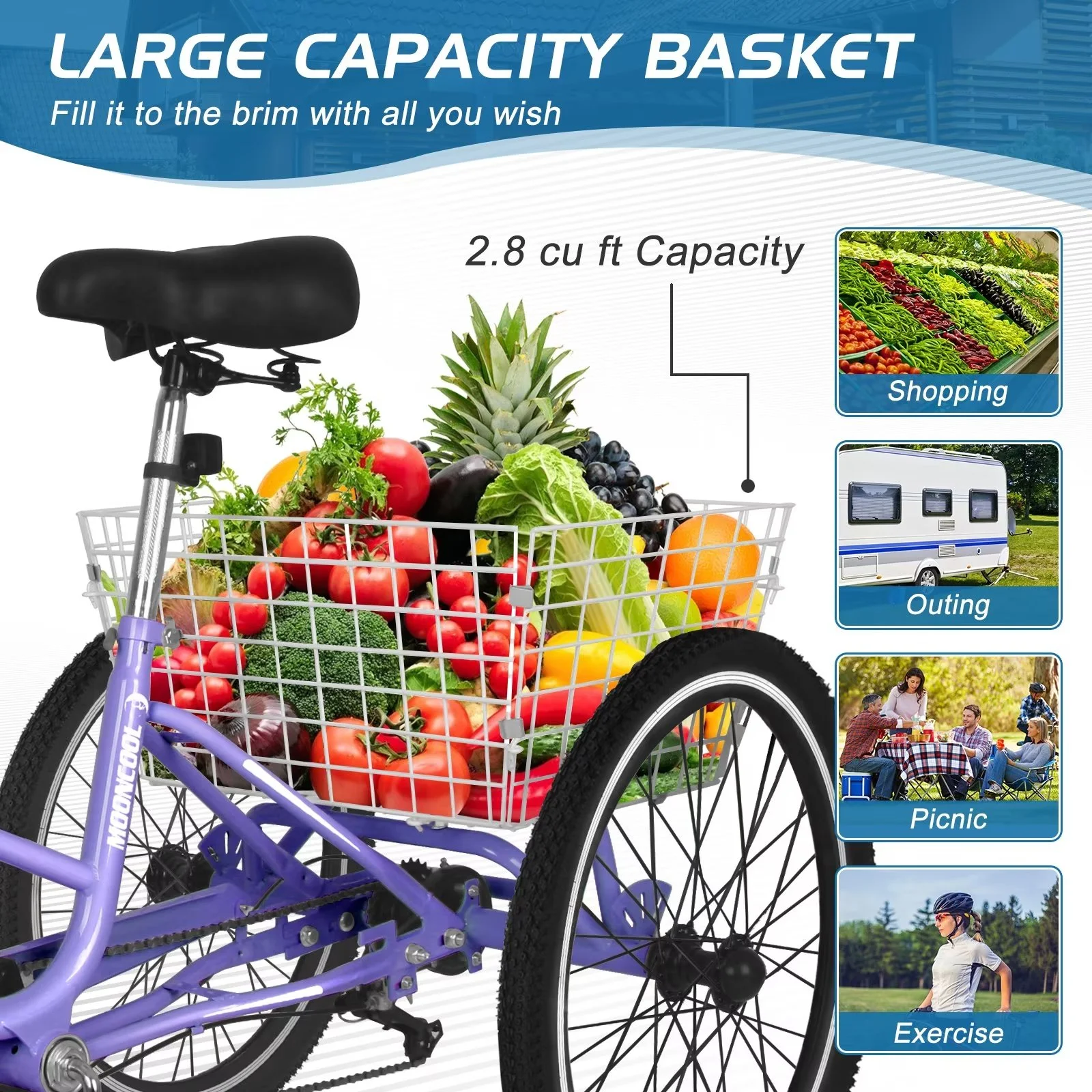 MOPHOTO 20/24/26 inch Adult Tricycle Folding 3 Wheel Cruiser Bikes 7 Speed, Portable and Foldable Trikes with Cargo Basket for Men & Women Outdoor Cycling, Purple - Womvr