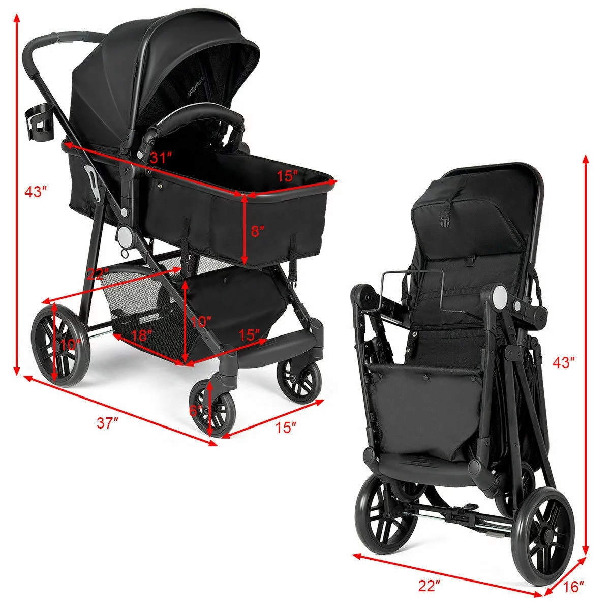 Costway Foldable Baby Stroller 2 in1 Newborn Infant Travel Buggy Pushchair Black - Womvr