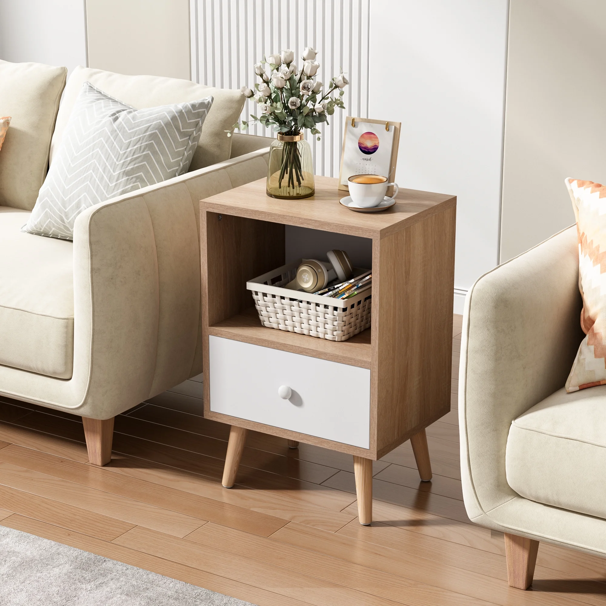 JAXPETY Nightstands Set of 2, Night Stand with 1 Drawer and Open Shelf Storage, End Table, Side Table, for Bedroom, Living Room, Natural Wood & White - Womvr
