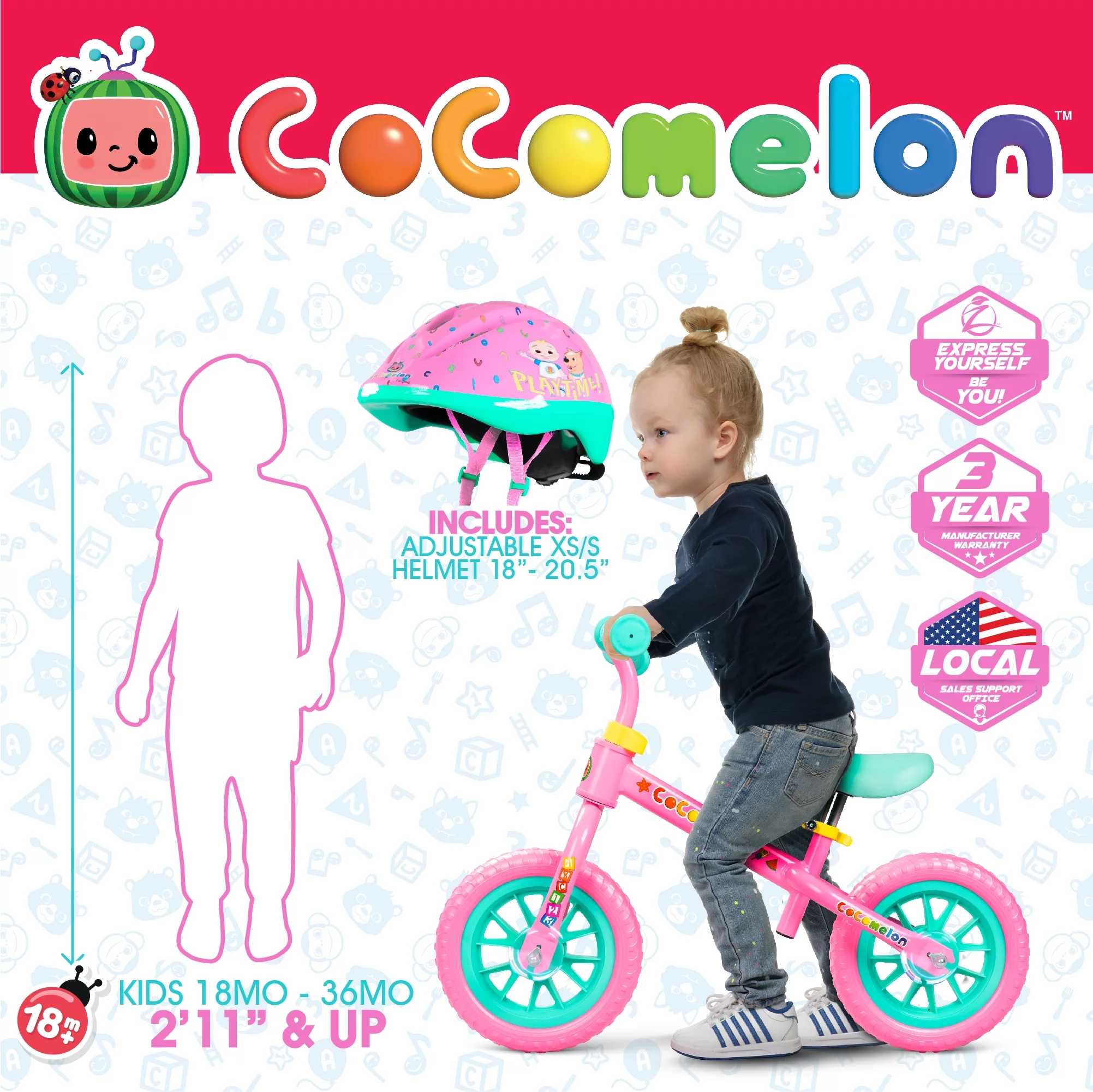 Cocomelon Toddlers Balance Bike Adjustable Helmet Light-up 10