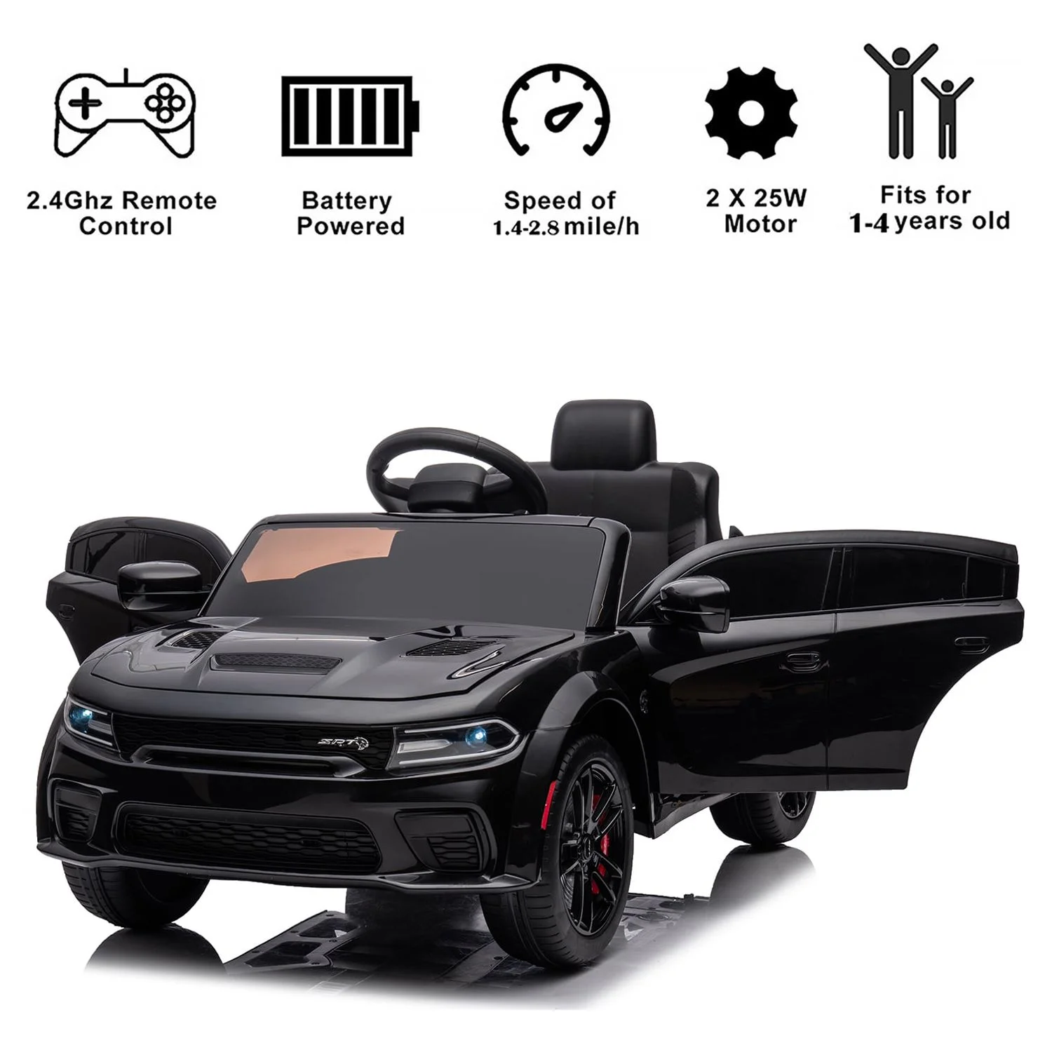 uhomepro Black 12 V Dodge Charger SRT Hellcat Battery Powered Ride on Cars with Remote Control, Bluetooth, LED Light and MP3 Player - Womvr