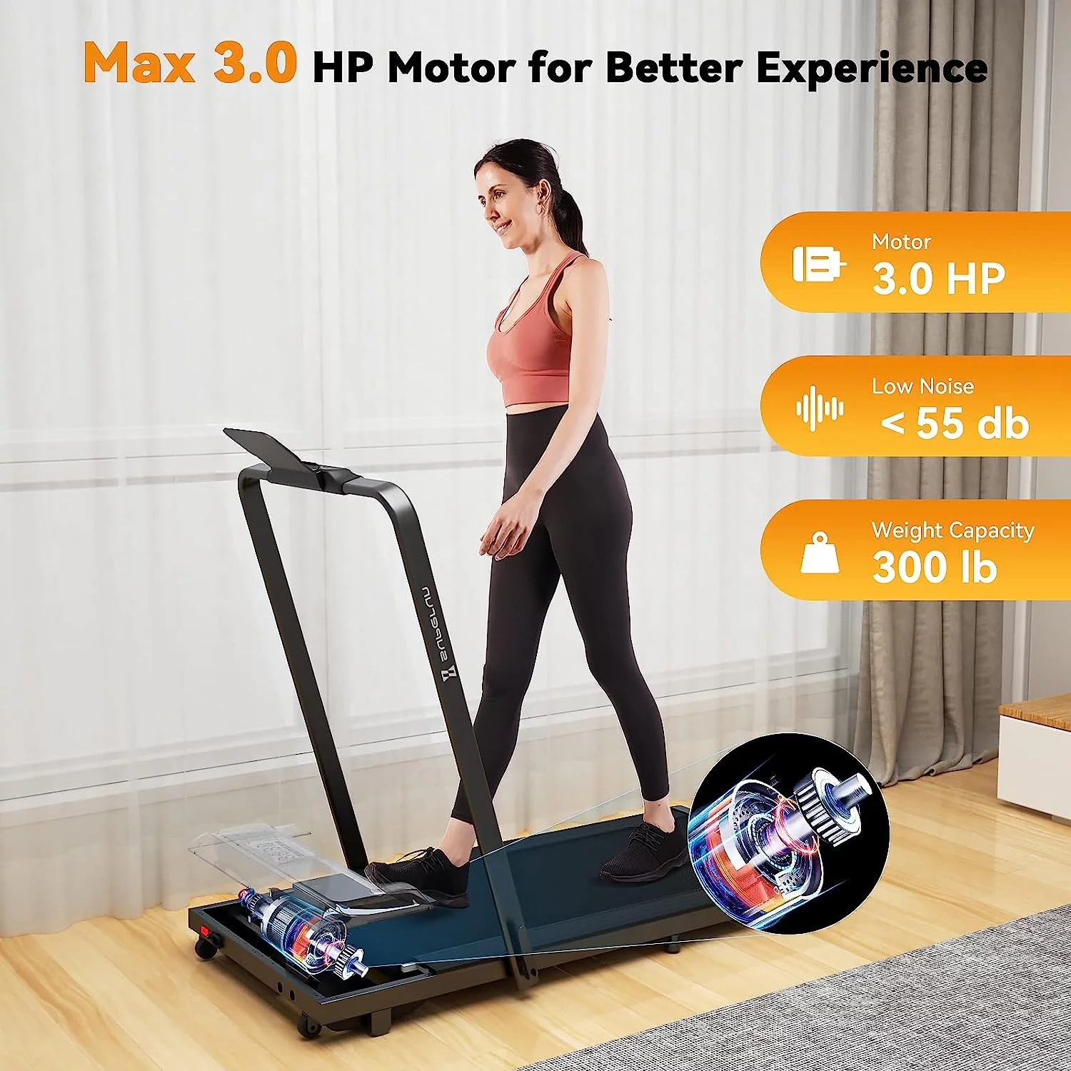 Superun 2 in 1 Folding Treadmill 3 HP Indoor Walking pad with 300lbs Capacity & APP Bracelet & Wider Running Belt(Orange) - Womvr