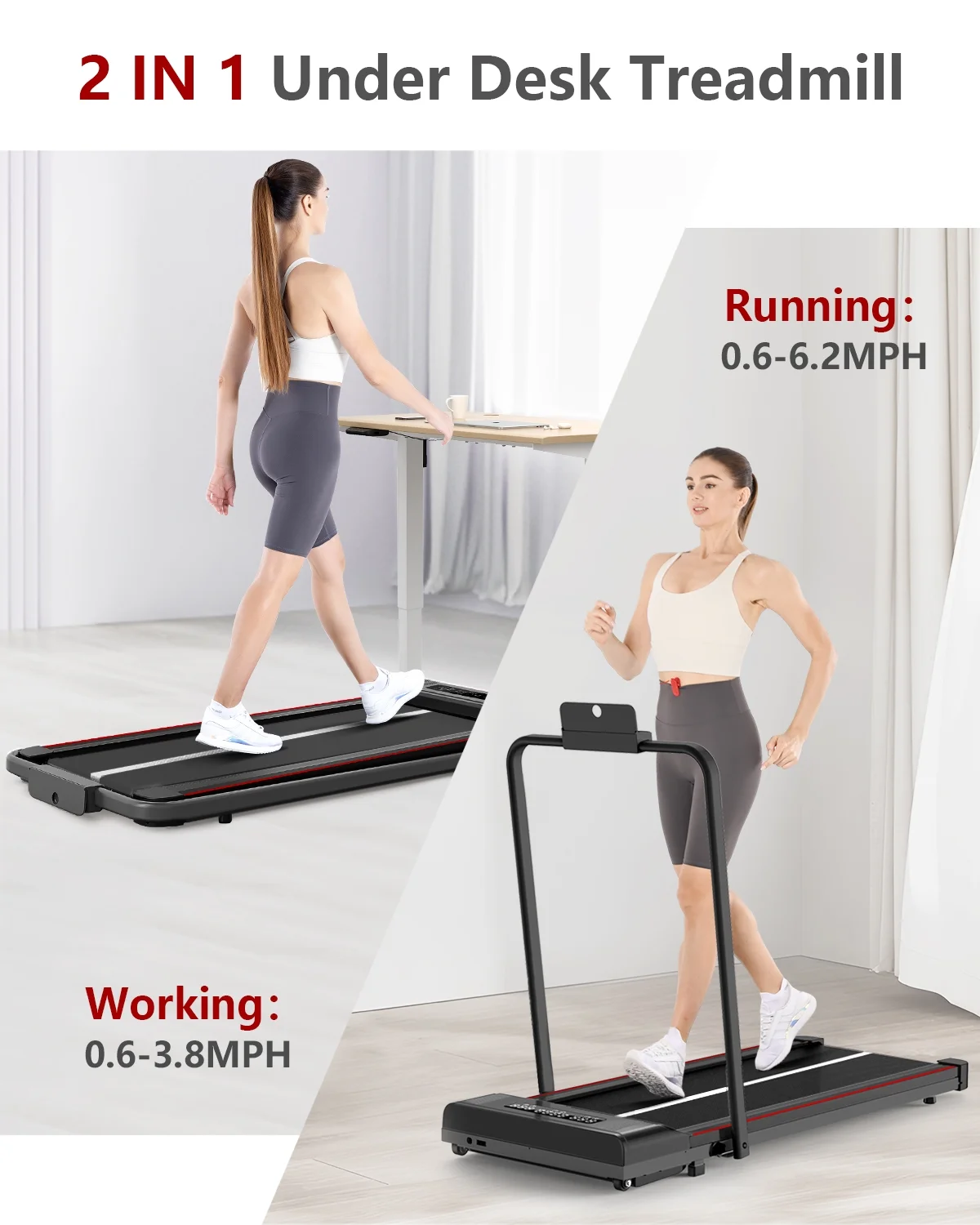 Bigzzia Treadmill Under Desk Treadmill 2 in 1 Folding Treadmill, Treadmills for Home Maximum Weight 265 lbs Gray - Womvr