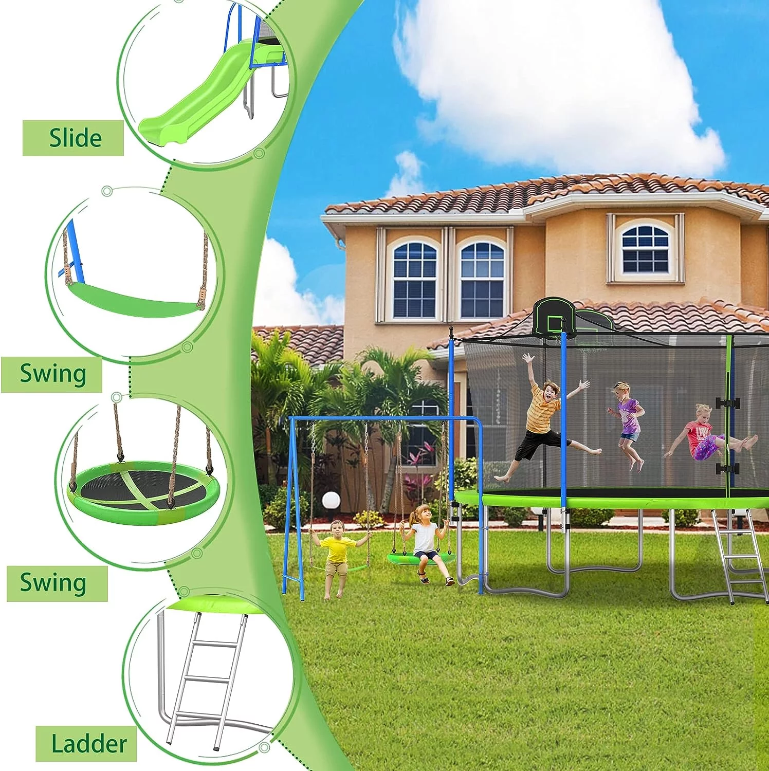 YORIN 12FT 14FT Trampoline for Adults/ Kids, with Enclosure Net, Slide, Metal Swing, Basketball Hoop, Combo Bounce Outdoor Fitness Trampoline, 1000 LBS Weight Capacity for 5-6 Kids - Womvr