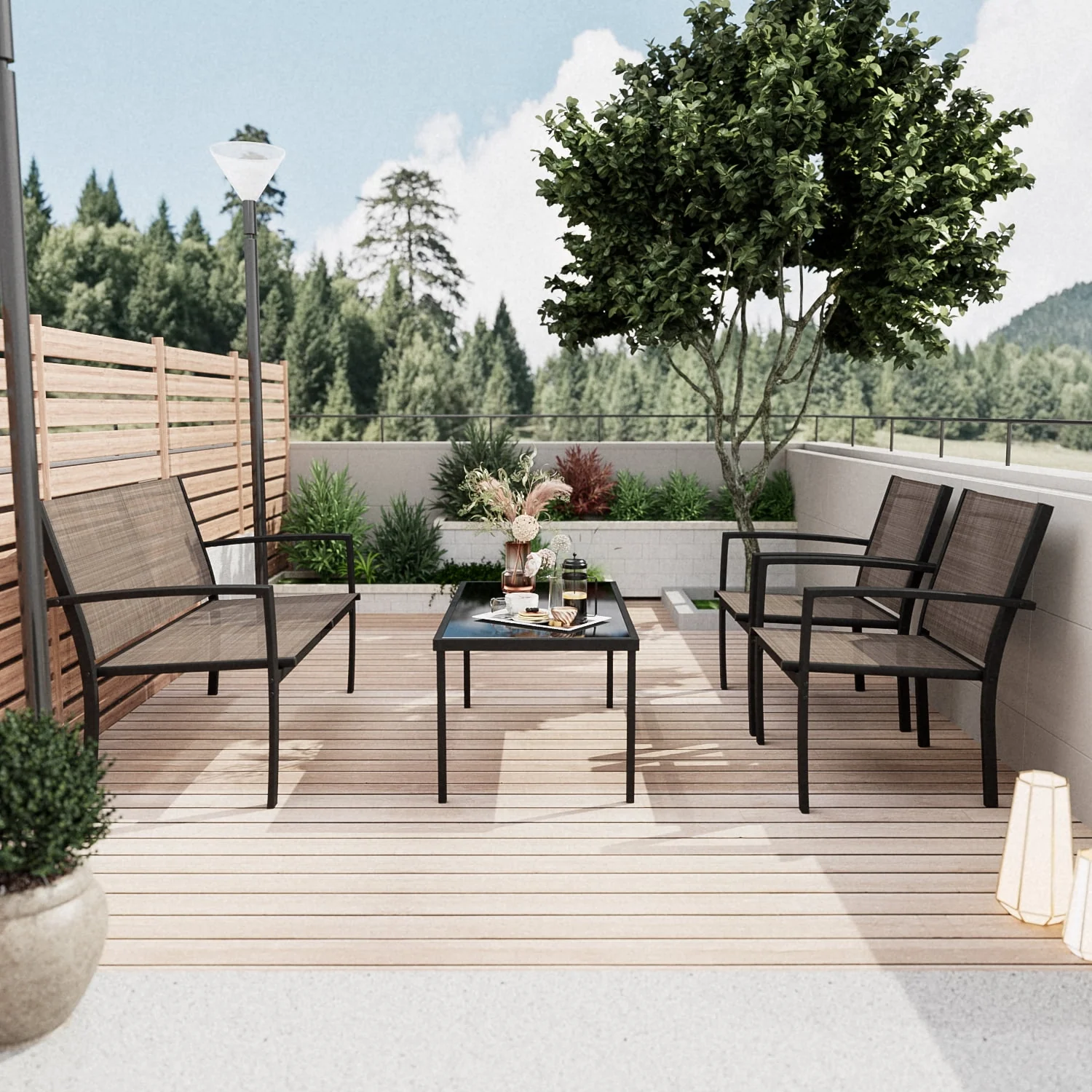 LACOO 4 Pieces Outdoor Furniture Set Patio Textilene Steel Conversation Set with Loveseat Tea Table for Lawn and Balcony, Black - Womvr