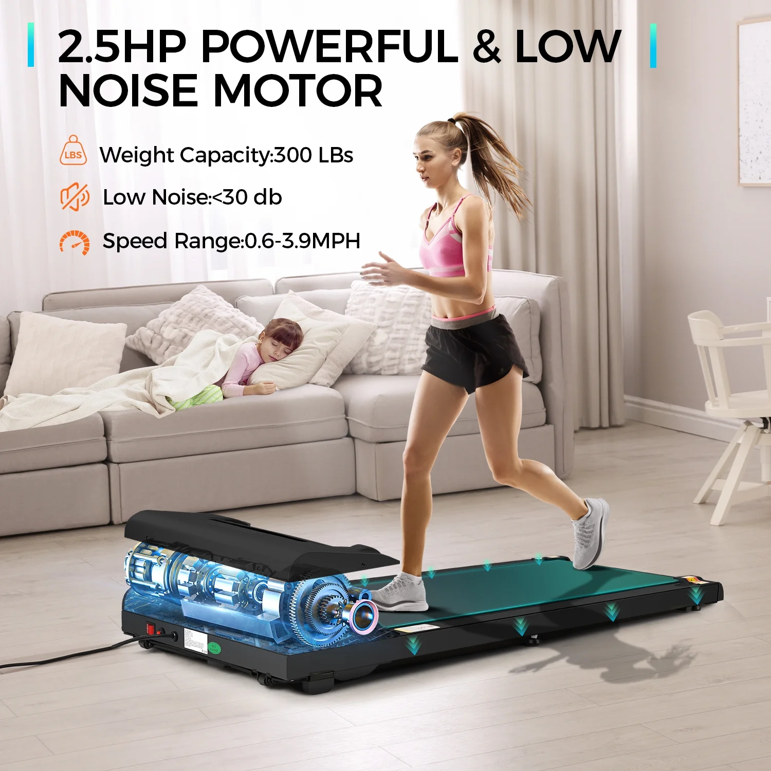 Adnoom Walking Pad Treadmill Under Desk Treadmills for Home,Smart App Remote Control 2.5HP Electric Jogging Running Machine with LED Display - Womvr