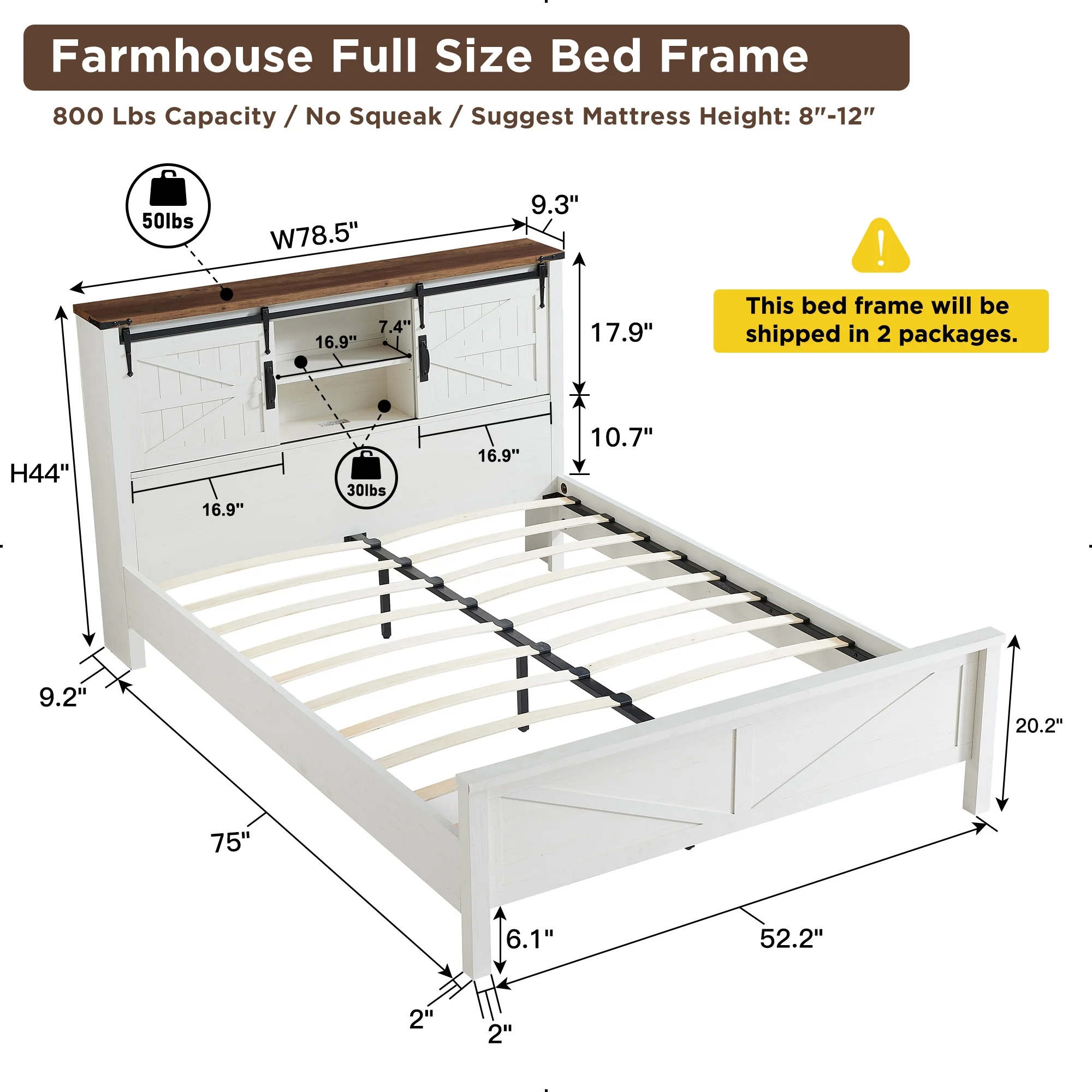 OKD Farmhouse Full Bed Frame, Wood Platform Bed with Bookcase Storage Headboard and Charging Station, No Box Spring Needed, Light Rustic Oak - Womvr