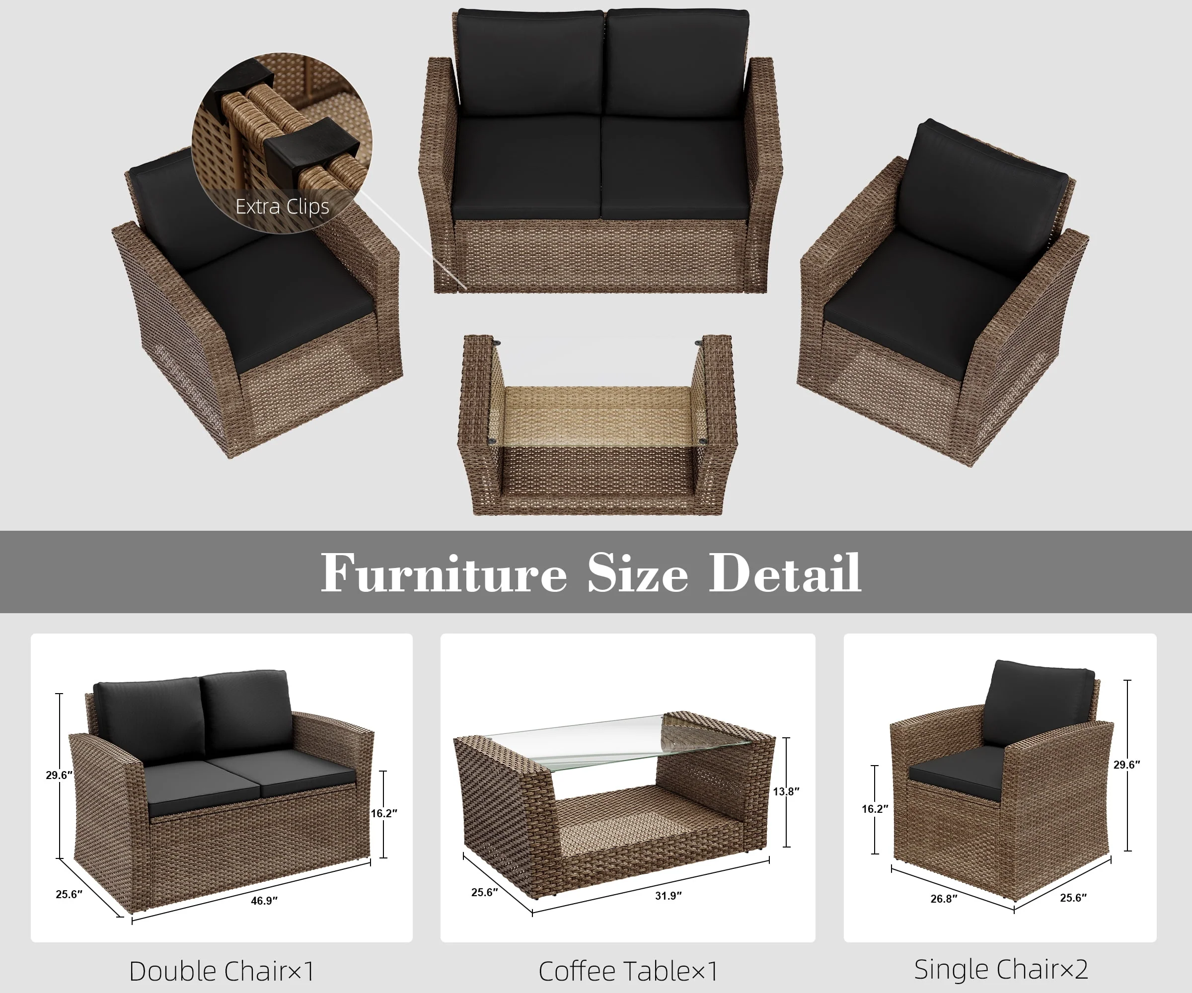 Bifanuo 4-Piece Patio Furniture Set Outdoor Rattan Wicker Sofa Set with Cushions & Coffee Table, Conversation Sofa Set with Tempered Glass Table Top - Womvr