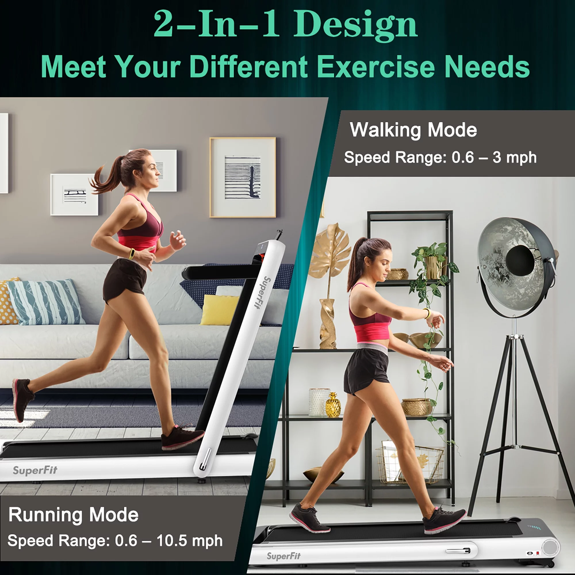 SuperFit 4.75HP 2 In 1 Folding Treadmill W/Remote APP Control White - Womvr
