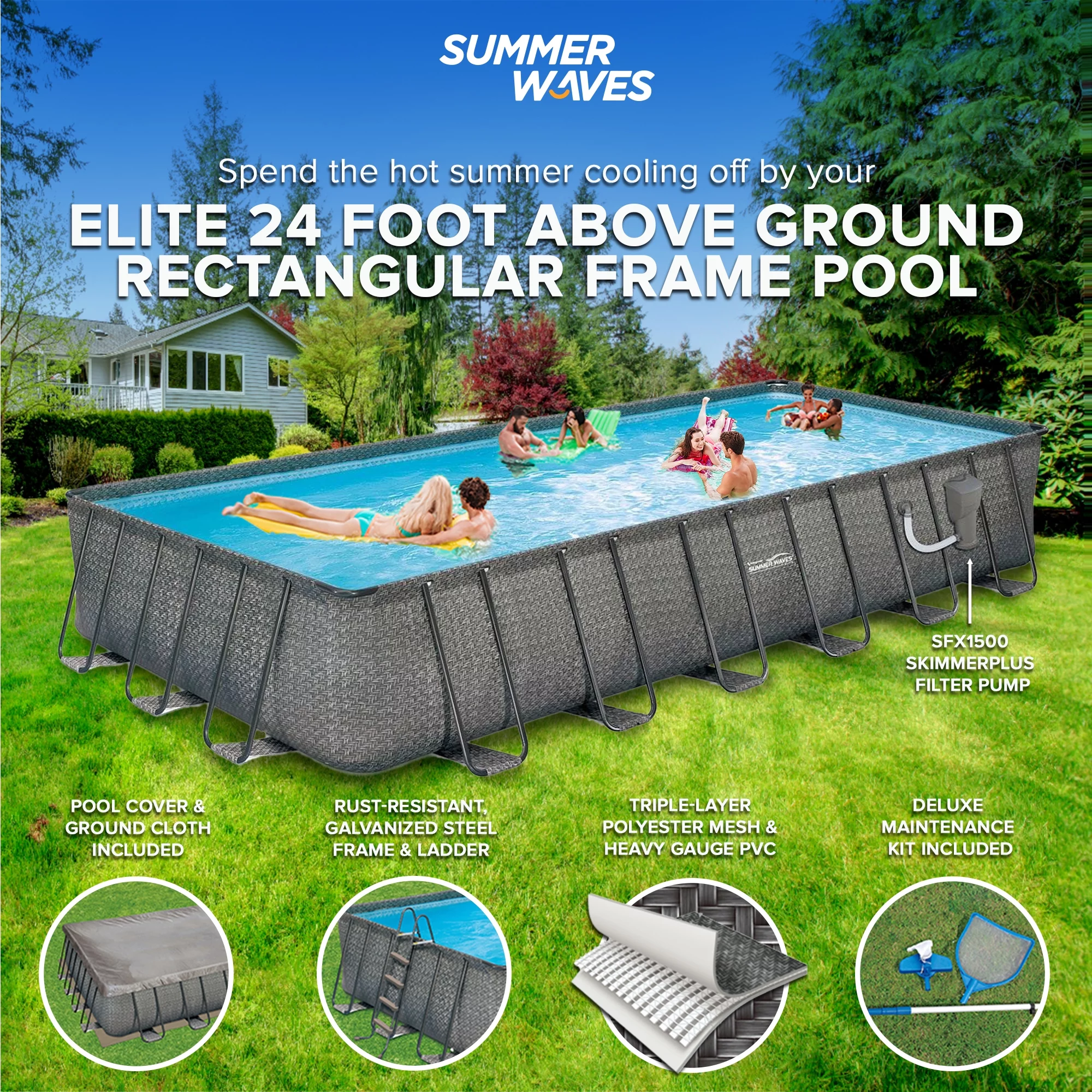 Summer Waves 24 x 12 x 4.5' Rectangle Above Ground Frame Swimming Pool Set - Womvr