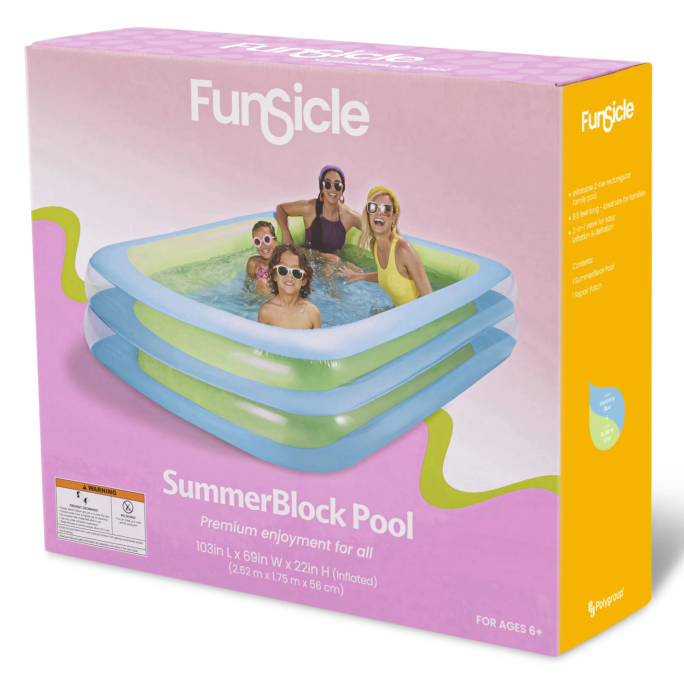Funsicle Blue SummerBlock Inflatable Family Swimming Pool,Rectangular, Age 6 & up - Womvr