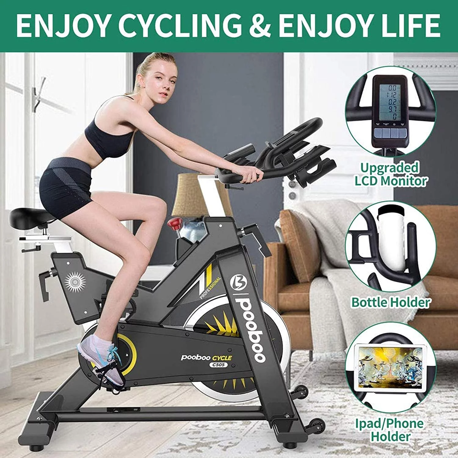 Pooboo Professional Commercial Exercise Bikes Heavy Duty Flywheel Belt Drive Stationary Indoor Cycling Bike 430lb - Womvr
