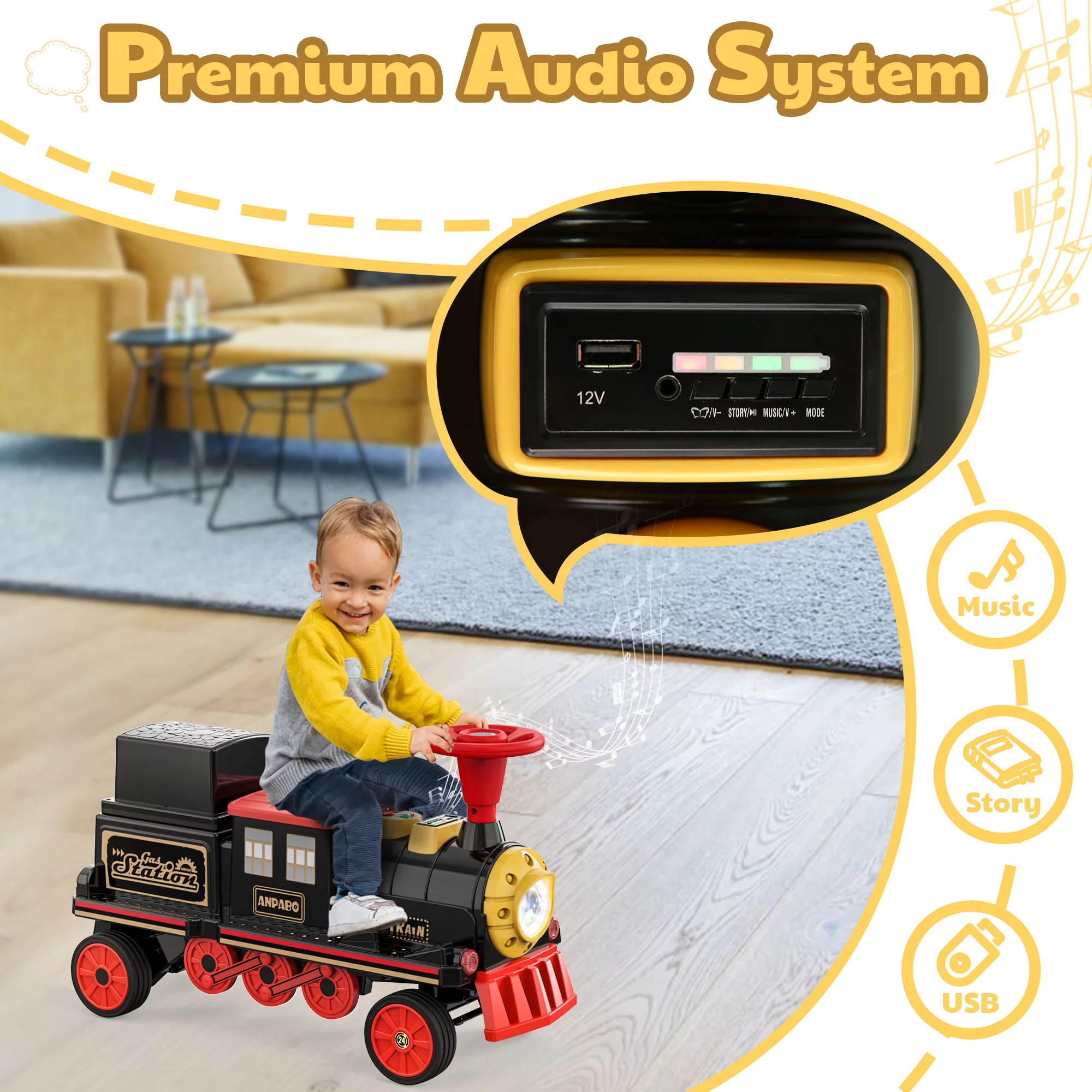 TOKTOO 12Volt 2 Seater Kids Ride on Train W/ Rubber Wheels, Storage Box, LED Headlight, Music Player-Black Red - Womvr