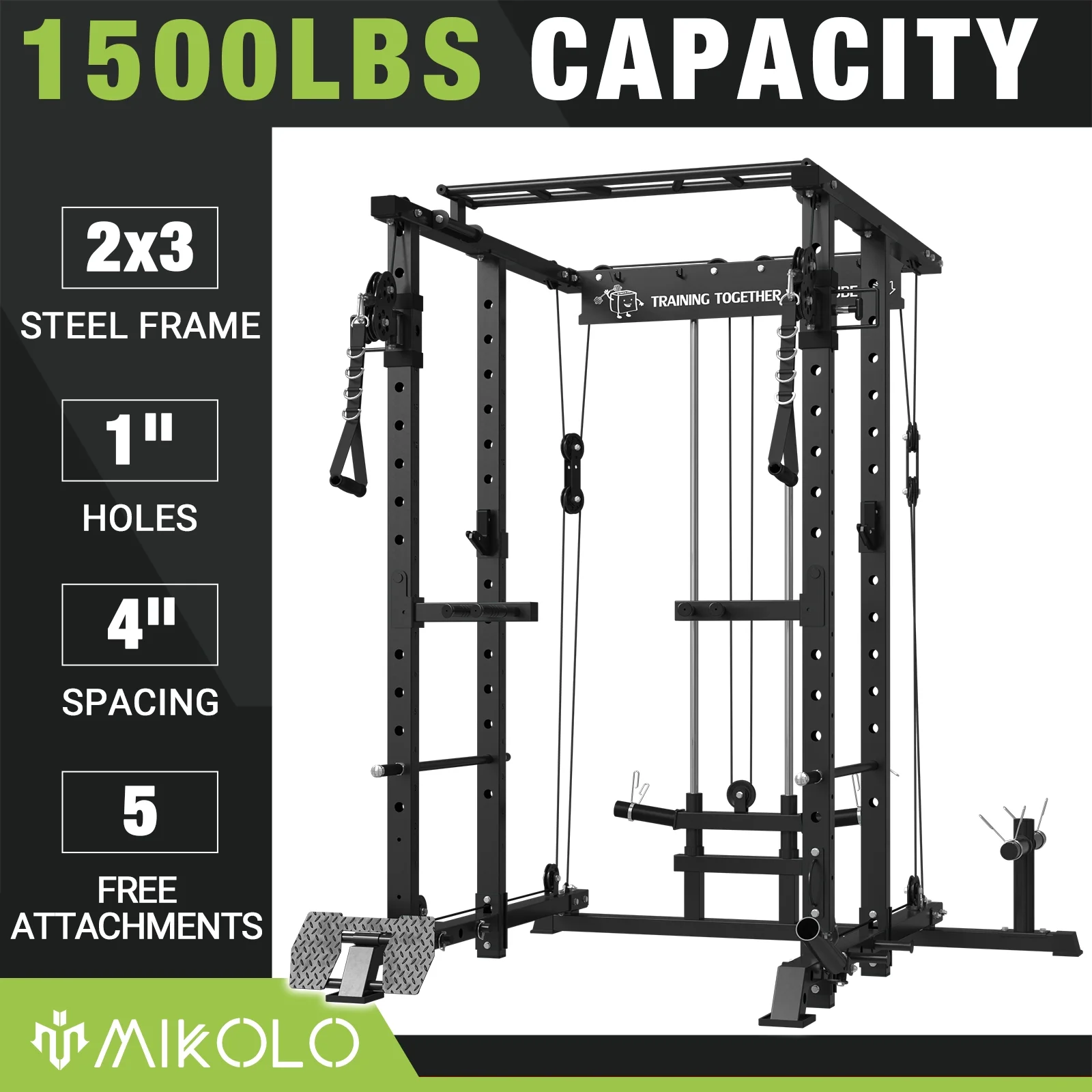 Mikolo Power Rack Cage, 1500 lbs Weight Rack with Cable Crossover Machine,Multi-Function Squat Rack with J Hooks,Dip Bars and Landmine for Home Gym (Black), Plate Loaded Machine - Womvr