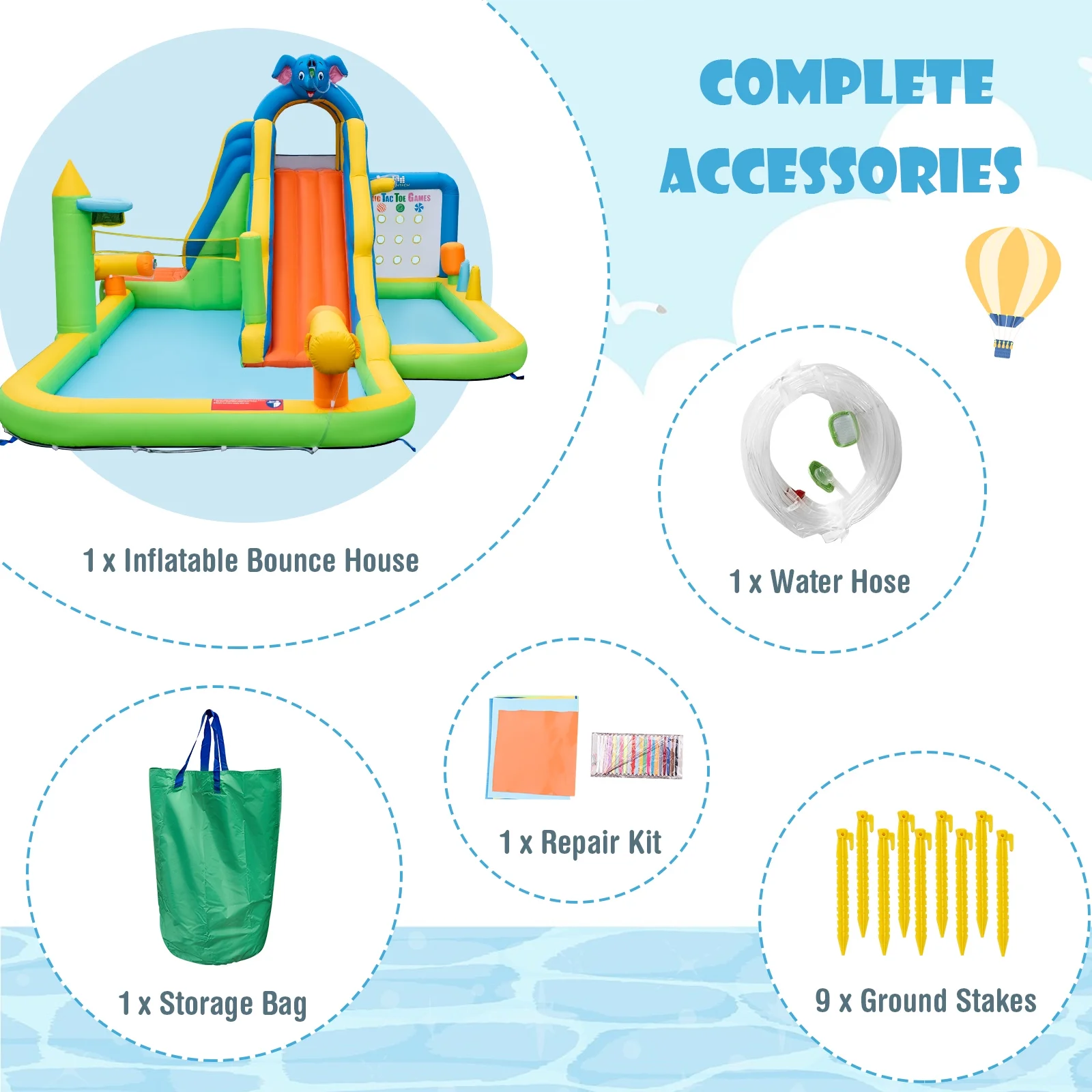 Topbuy Inflatable Water Slide 9-in-1 Blow-up Water Park for Kids with Splash Pool Climbing Wall Water Guns Basketball Toss - Womvr