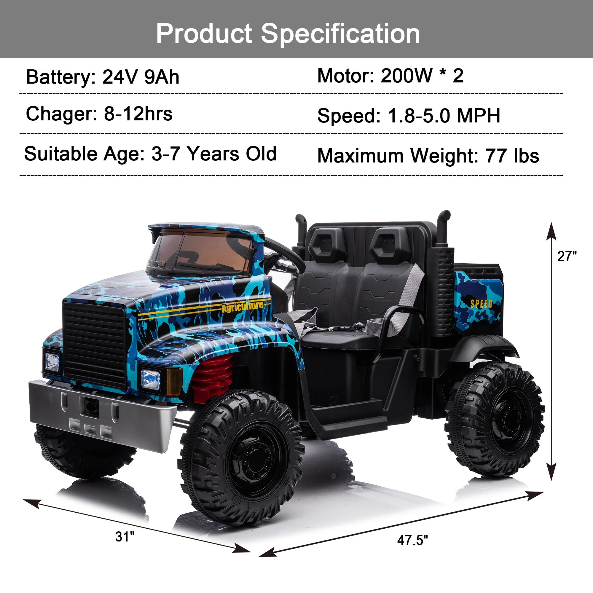 Hikiddo JC222 24V Ride on Toy, Kids Ride On Dump Truck 2 Seater with Remote - Womvr