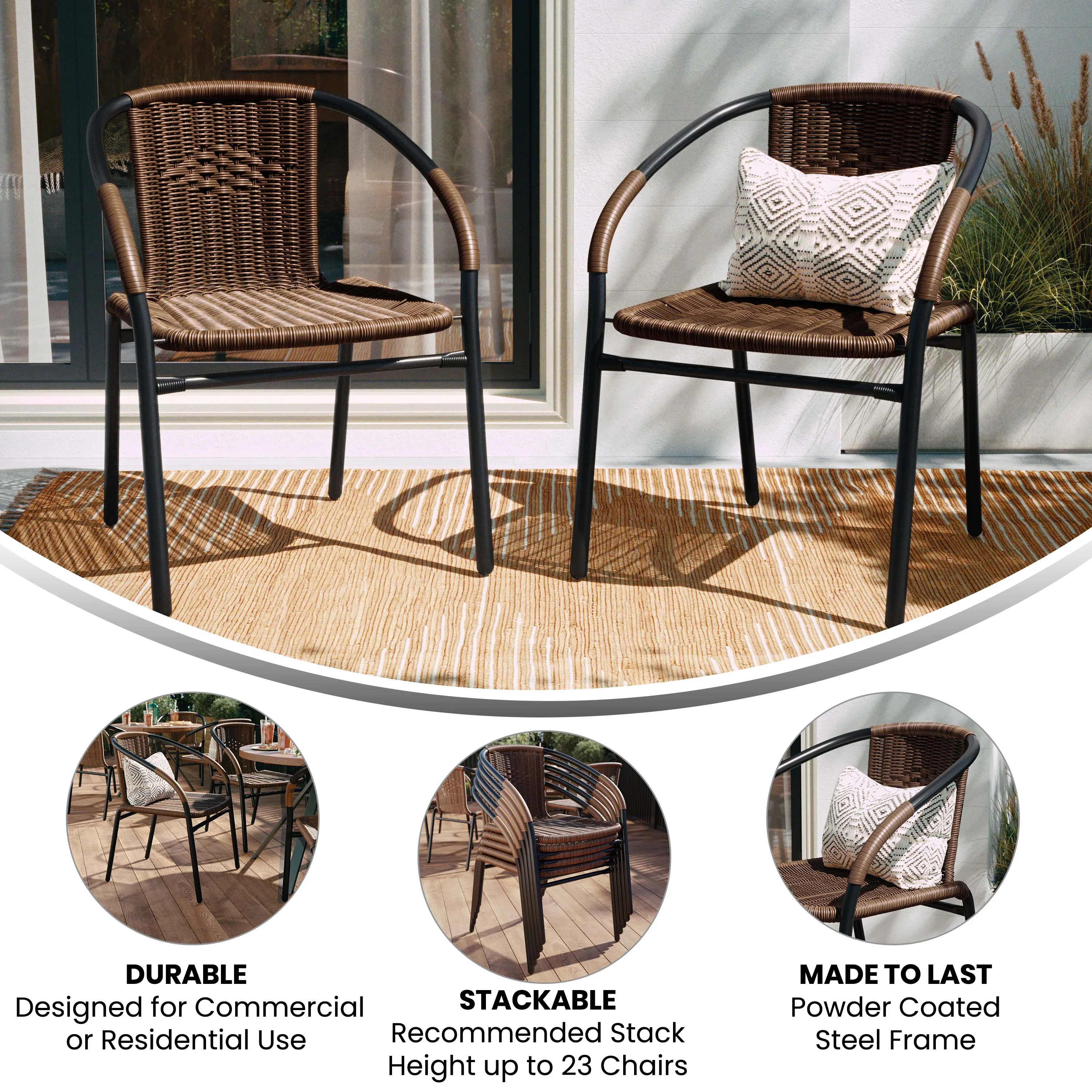 Emma + Oliver 2 Pack Gray Rattan Indoor-Outdoor Restaurant Stack Chair with Curved Back - Womvr