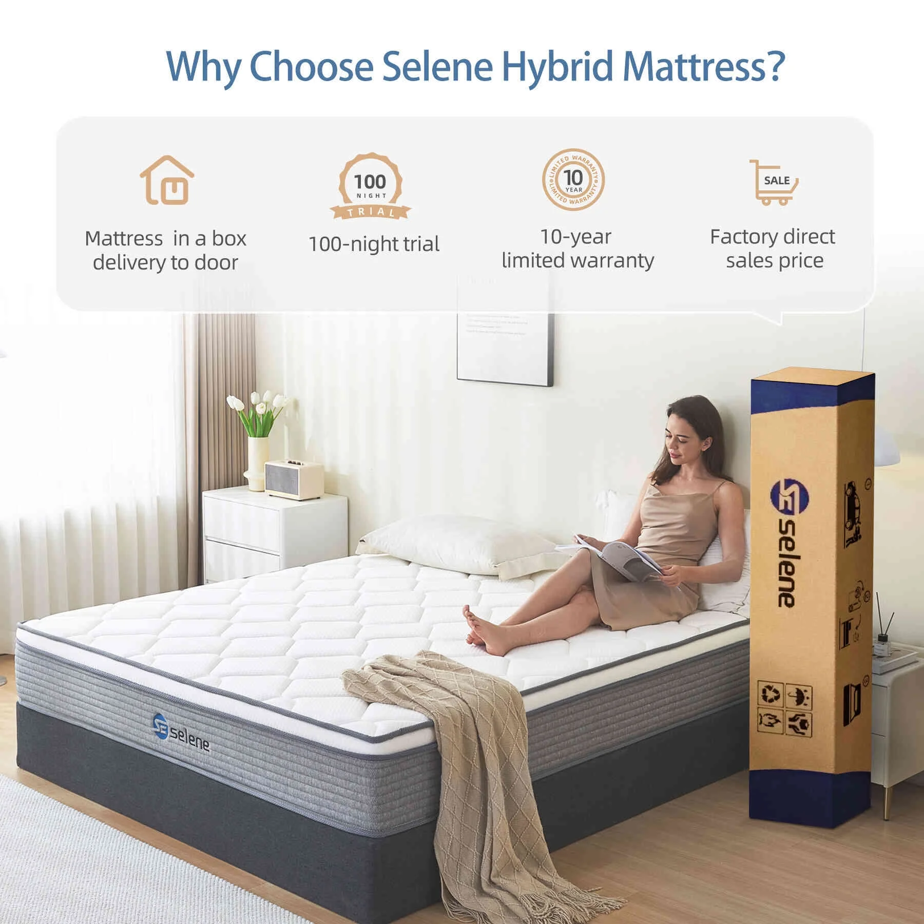 Selene Queen Size Mattress, 10 Inch Memory Foam Hybrid Mattress Queen, Pocket Spring Mattress in a Box for Motion Isolation, Edge Support, Pressure Relief, CertiPUR-US - Womvr
