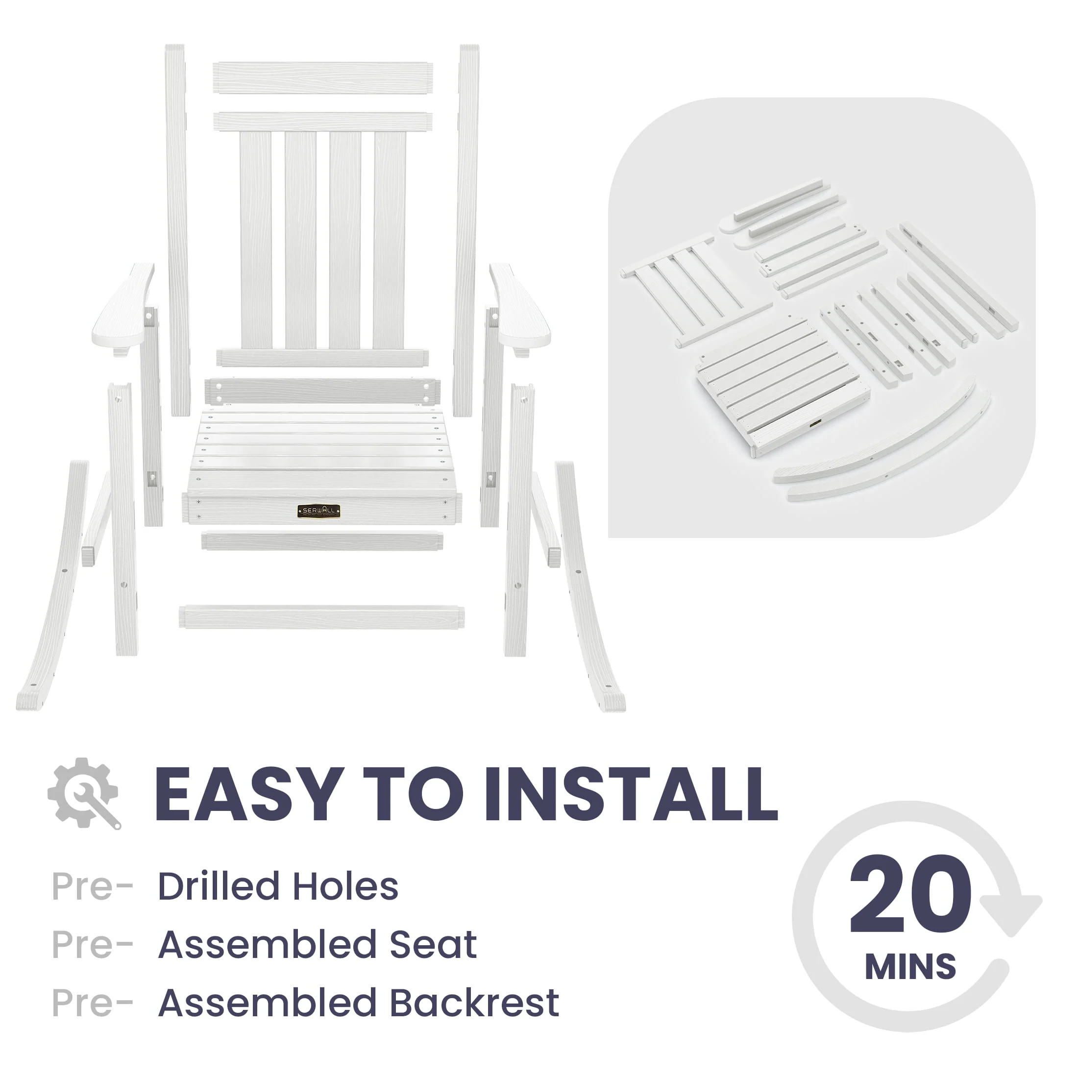 SERWALL Outdoor Oversized Slat Rocking Chair, HDPE Plastic Porch Rocker, Gray - Womvr
