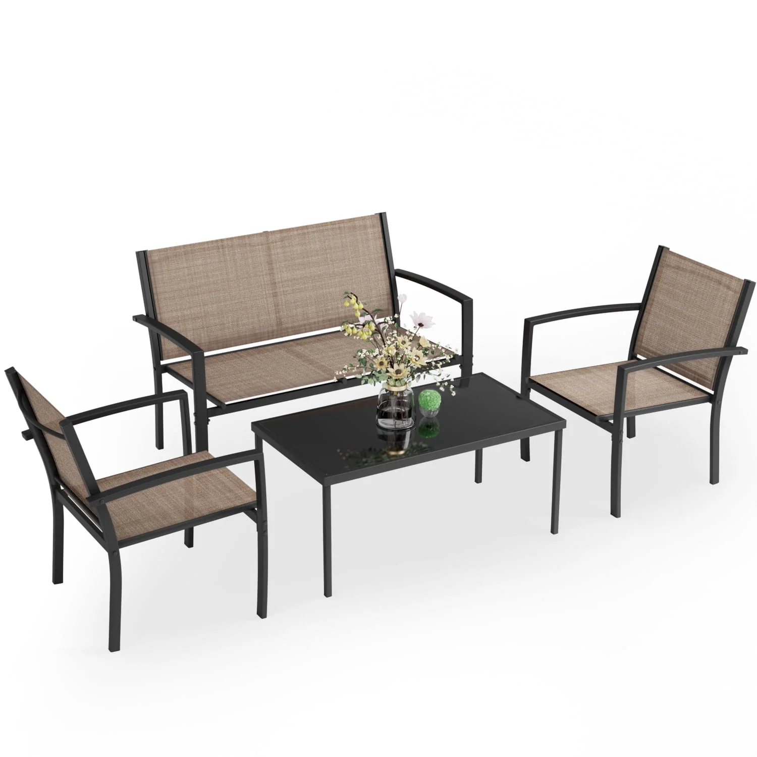 LACOO 4 Pieces Outdoor Furniture Set Patio Textilene Steel Conversation Set with Loveseat Tea Table for Lawn and Balcony, Black - Womvr