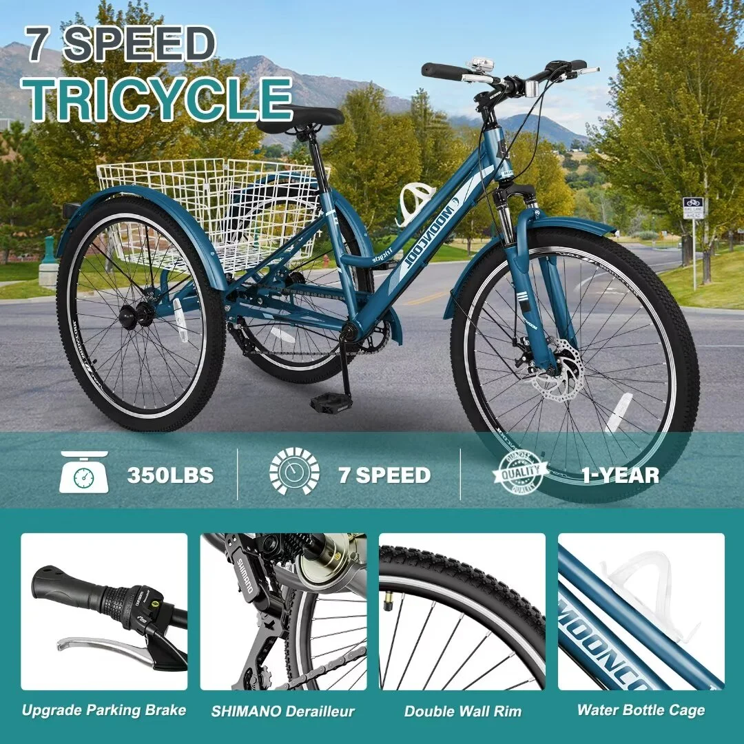 Docred Adult Tricycle, 7 Speed Three Wheel Mountain Bike, 24/26/27.5 inch Adults Trikes ,Load capacity 420 lbs - Womvr