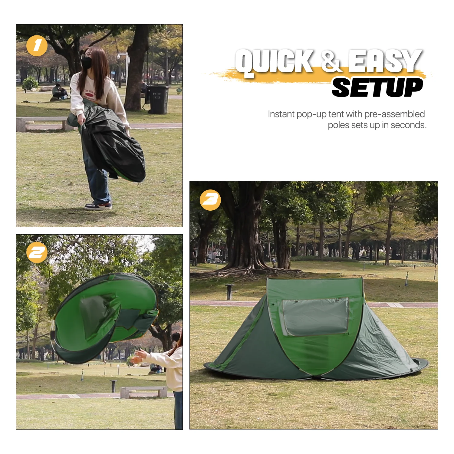 MoNiBloom Tent 3 Person Outdoor Pop Up, Family Travel Weatherproof Tent, 2 Doors and Side Windows with Carry Bag, Yellow - Womvr