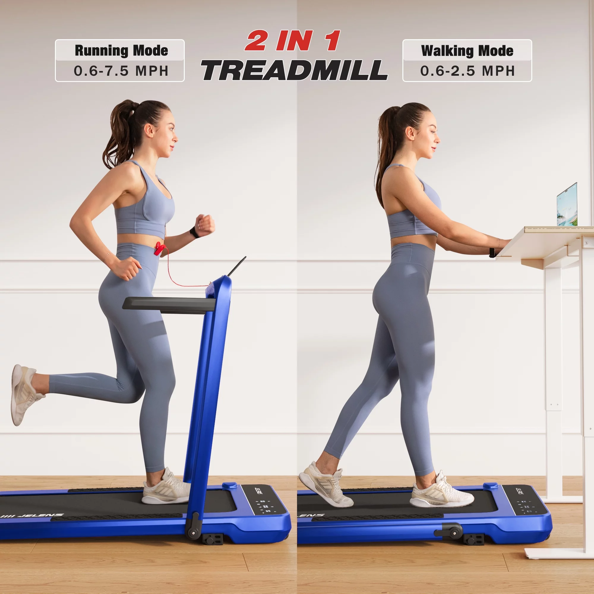JELENS 2 in 1 Incline Treadmill Under Desk Walking Pad 2.5HP Home Folding Treadmills with Gesture Sensing Control, Walking Machine for Office with Led Display - Womvr