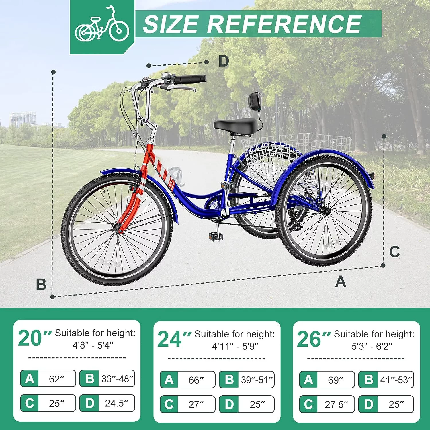 MOONCOOL Adult Tricycles with Rear Basket, 24 26 inch 7 Speed 3 Wheel Bikes, Three-Wheeled Bicycles Adult Trike with Backrest for Seniors, Women, Men - Womvr