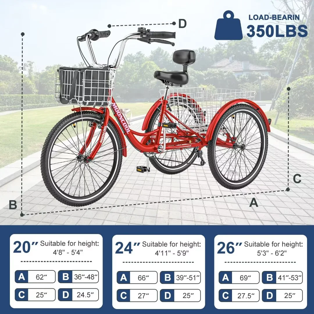 Docred Adult Tricycle 7 Speed 24 Inch Three Wheel Bike Cruiser Trike for Men/Women/Seniors - Womvr