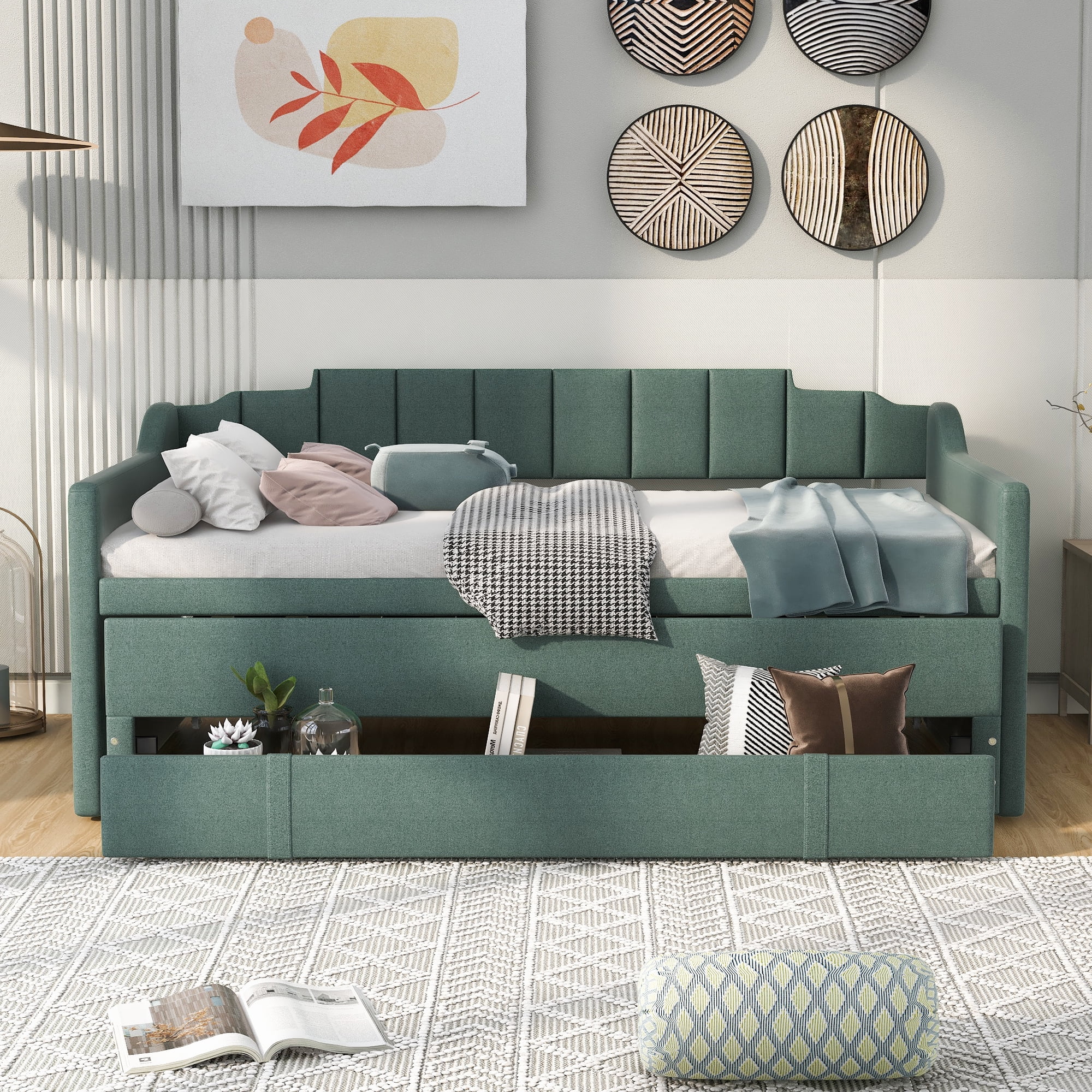 Twin Size Upholstered Solid Wood Daybed with Rails. Daybed Frame with Trundle and Three Drawers. Wooden Slats Support. No Box Spring Needed. Clean Lines Design to Any Place(Green) - Womvr