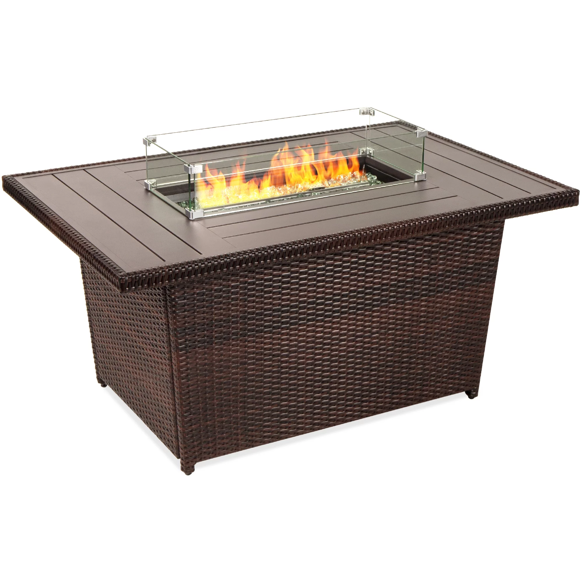 Best Choice Products 52in Wicker Propane Gas Fire Pit Table 50,000 BTU w/ Glass Wind Guard, Tank Holder, Cover - Gray - Womvr