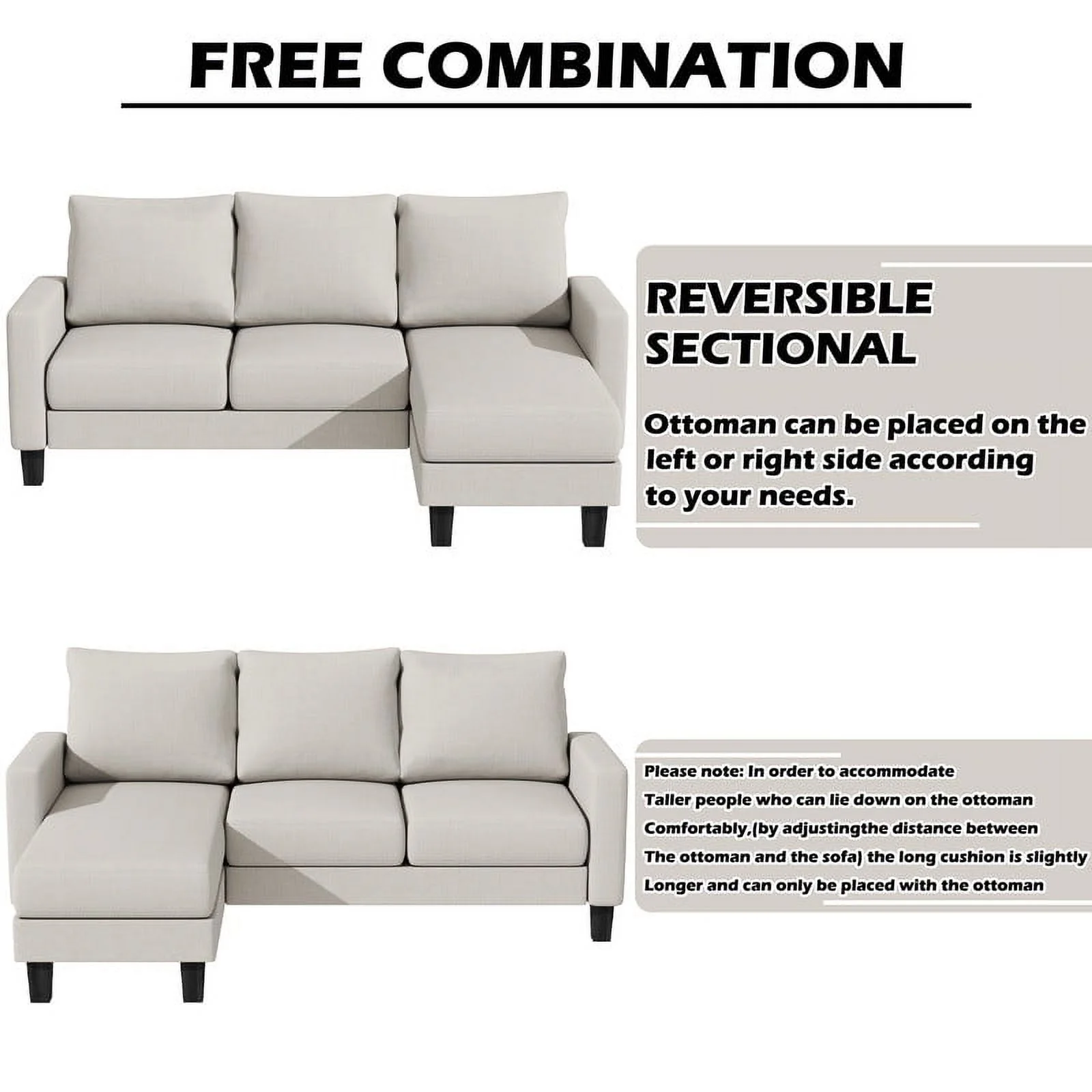 Homall Convertible Sectional Sofa Couch, Modern Linen Fabric L-Shaped Couch 3-Seat Sofa Sectional with Reversible Chaise for Small Living Room, Apartment and Small Space, Dark Gray - Womvr