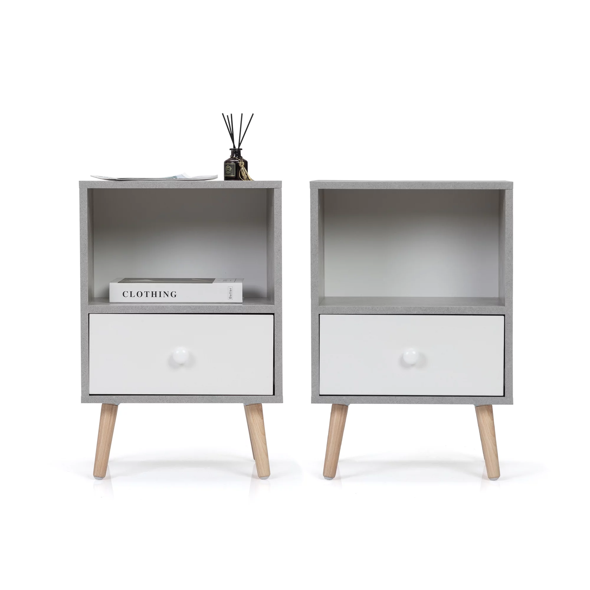 JAXPETY Nightstands Set of 2, Night Stand with 1 Drawer and Open Shelf Storage, End Table, Side Table, for Bedroom, Living Room, Natural Wood & White - Womvr